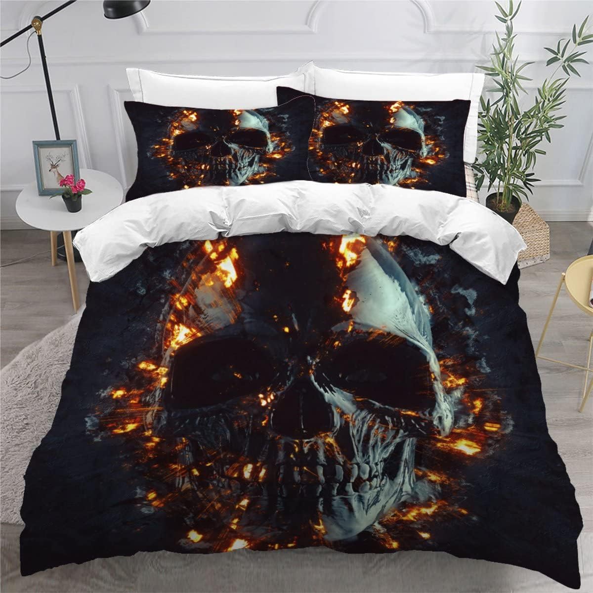 MEVASA Skeleton Bedding Double Bed Set Microfiber Teenager Bedding Gothic Skull 3D Bedding Set for Small Double 3Pcs Anti Allergic Double Duvet Cover Set with Zipper /200x200