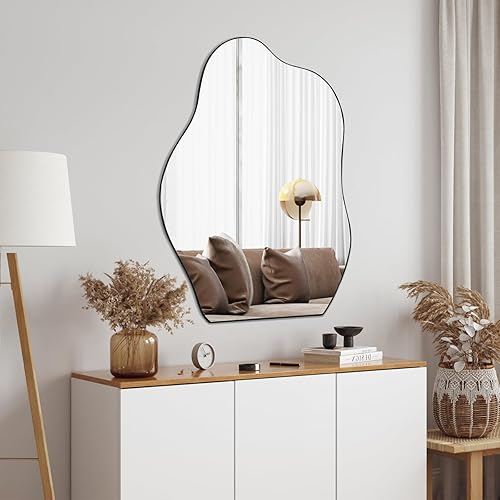 Miniatura 6 de POZINO Espejo de forma única irregular, espejo asimétrico, espejo negro Squiggly Morden para baño, sala de estar, dormitorio, entrada, decoración