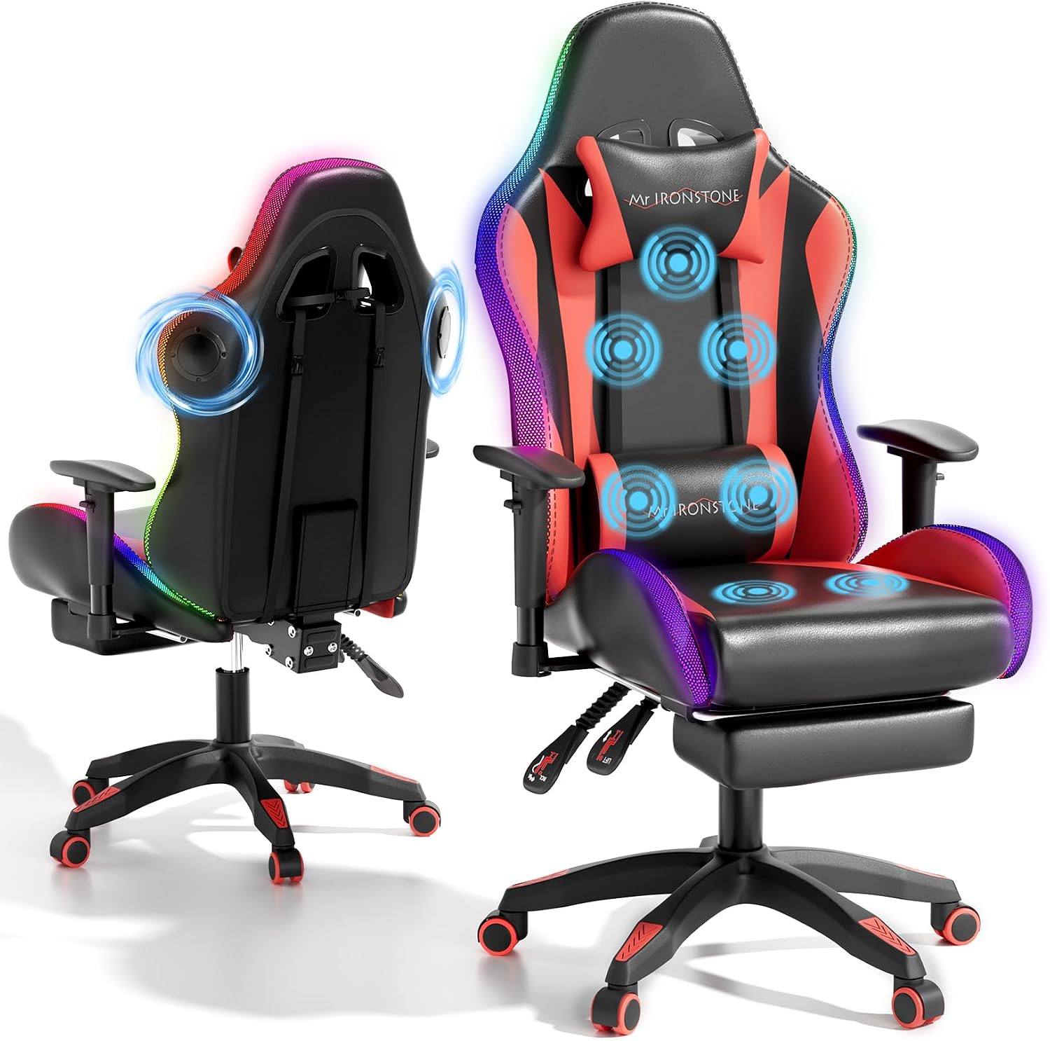 Mr IRONSTONE RGB Gaming Chair with Bluetooth Speakers, Multi-Point Vibration Massage Gaming Chair (Seat, Back & Lumbar), Ergonomic High Back Recliner, Footrest for Adults, Iridescent Red