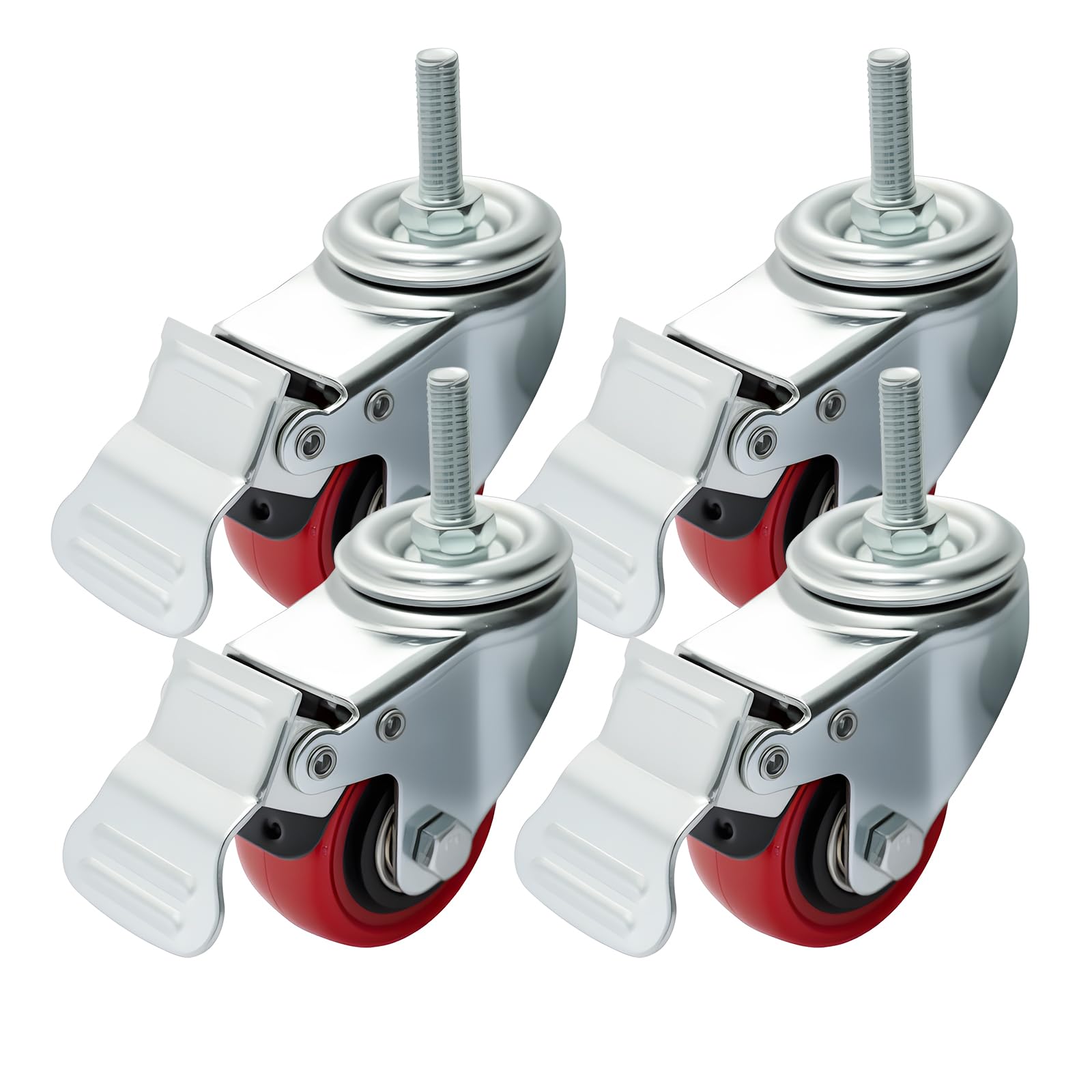 Holdfiturn Heavy Duty Castor Wheels Spiral Caster 50mm Rubber PU Swivel 200KG Castor Wheels Trolley Furniture Caster with Screw (Red, 4 Brakes)