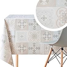 KP HOME Toile Cirée Rectangulaire 300x140cm, Gris Beige, Grande Nappe Plastique en PVC Essuyable, Facile à Nettoyer, Imperméable en Vynile, Nappe Toile Ciree avec Motif Carrelage Marocain Lisbon Tiles