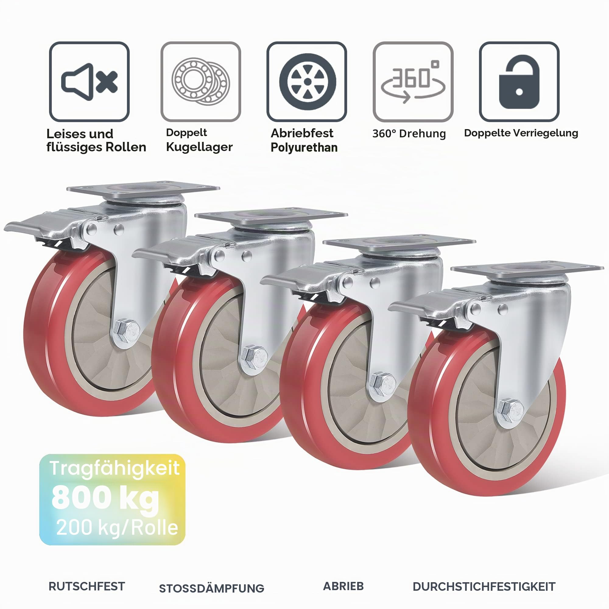 4er Set Lenkrollen für Möbel 125MM Möbelrollen mit Bremse Schwerlastrollen 800kg Rot Rollen für Möbel Transportroller Werkbank Werkzeugwagen Paletten Transportrollen Rollen mit Schrauben