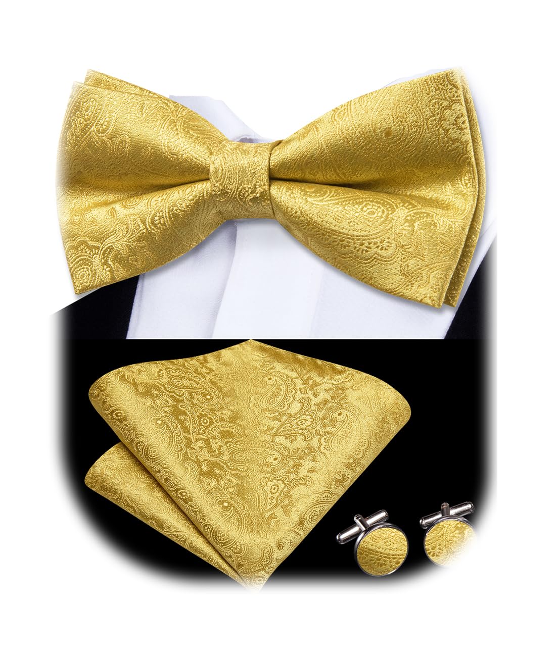 Dubulle Mens Paisely Floral Bow Tie and Pocket Square with Cufflinks Set