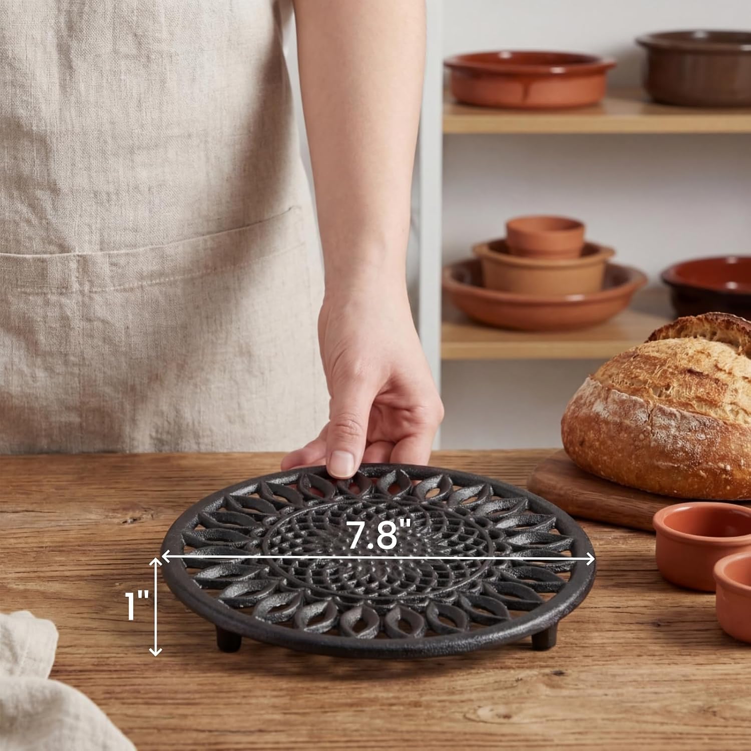 2 Pack Cast Iron Trivet, 8 Inch Metal Trivets with Rubber Feet Caps
