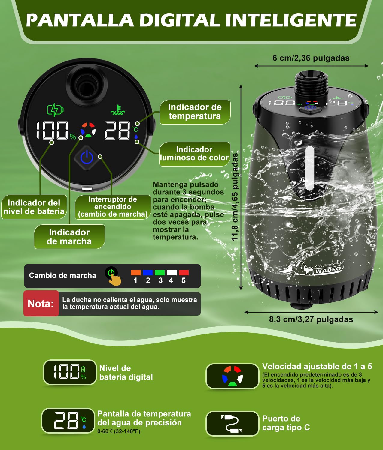 WADEO Ducha de Camping con batería de 6000 mAh, Bomba y depósito de Agua de 20 l, Kit de Ducha para Exteriores con función de Calentamiento, Ideal para Viajes, Lavado de Coches, y emergencias
