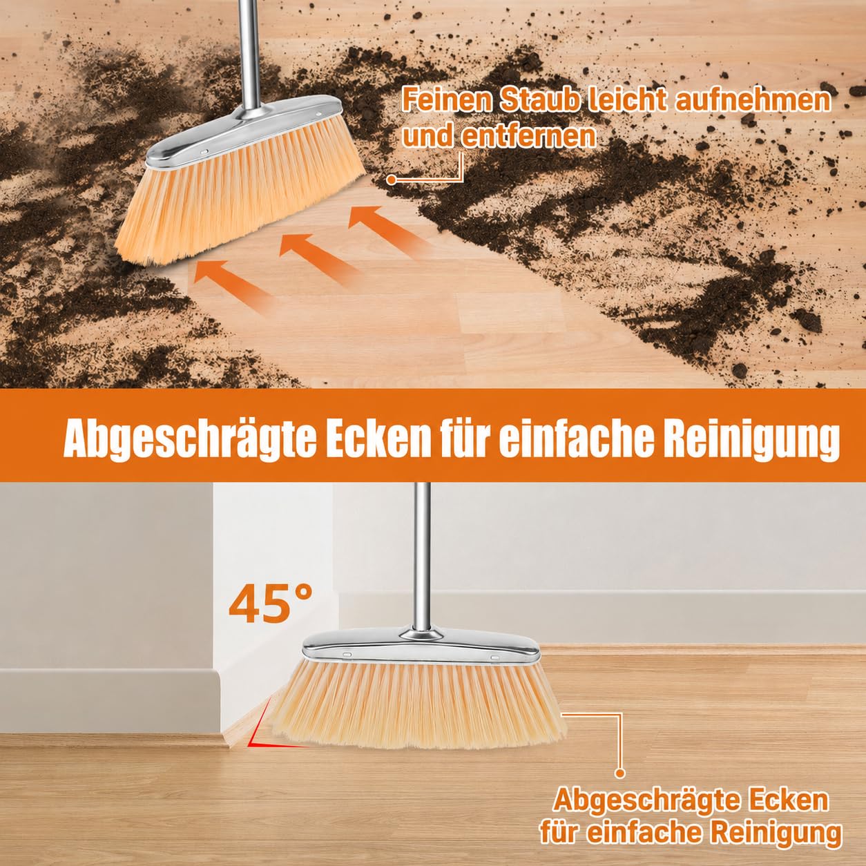 Besen und Kehrschaufel Set mit Langem Stiel 118cm Edelstahl Kehrmaschine und Kehrschaufel Außenbereich Aufrechter Schaufel und Besen Set für die Reinigung zu Hause Büro Veranda Terrasse (Quadrat)