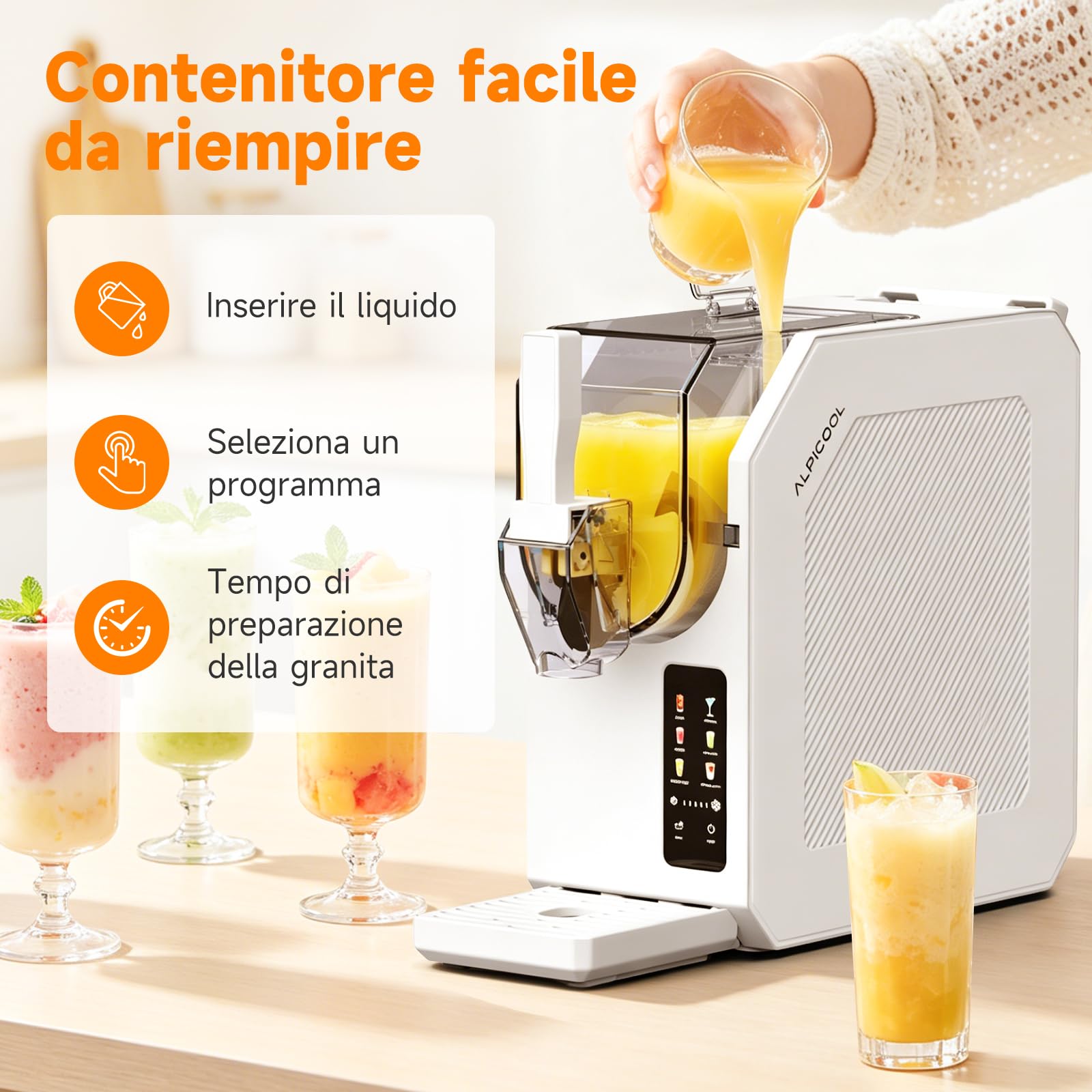 ALPICOOL Macchina per Granita, Macchina per Granite Domestiche da 1,9 L con Autopulizia, 6 Programmi Preimpostati, per Slush, Cocktail, Frappè, e Succo Congelato, Senza Bisogno di Ghiaccio, Bianca