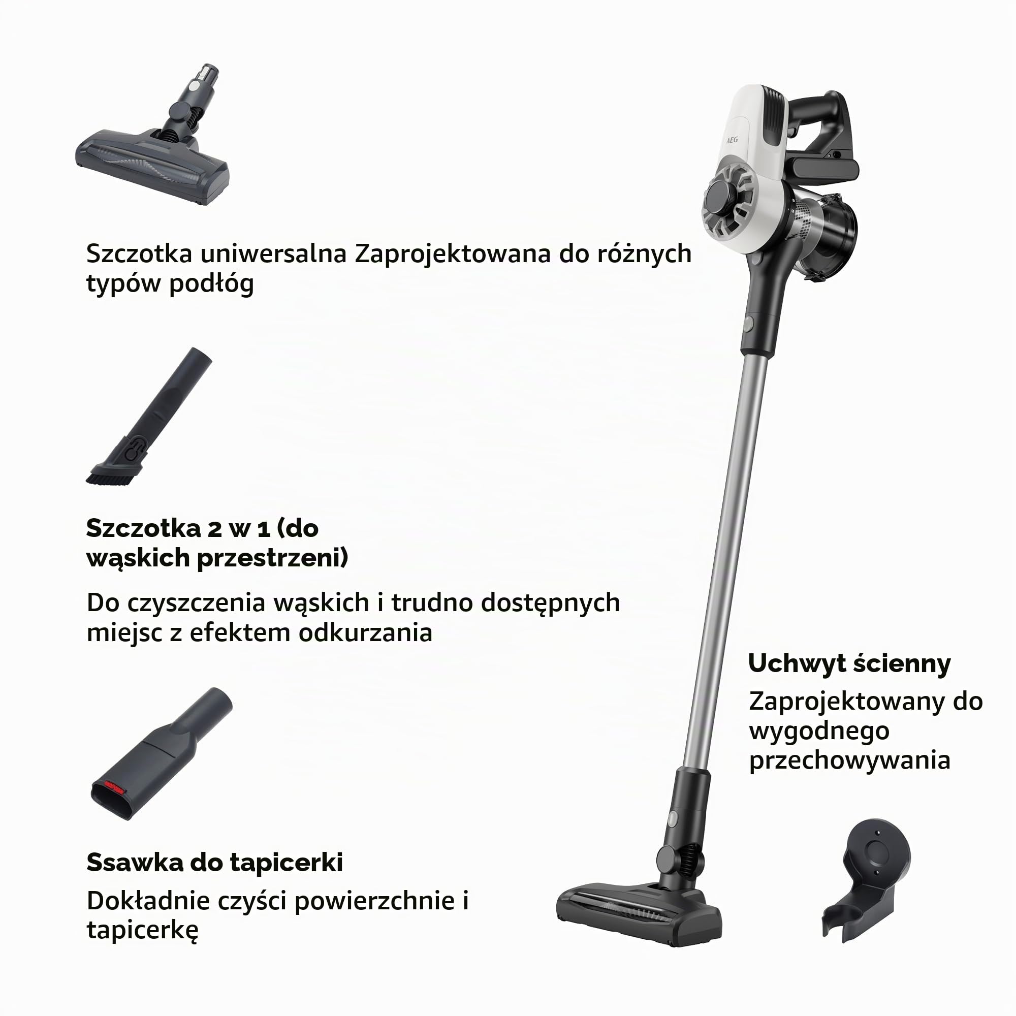 AEG AP31CB18IW bezprzewodowy odkurzacz 18 V, czas pracy 30 min, zmysłowe i elastyczne czyszczenie, technologia cyklonowa, filtry zmywalne, zbiornik 0,5 l, z 3 akcesoriami, kolor biały