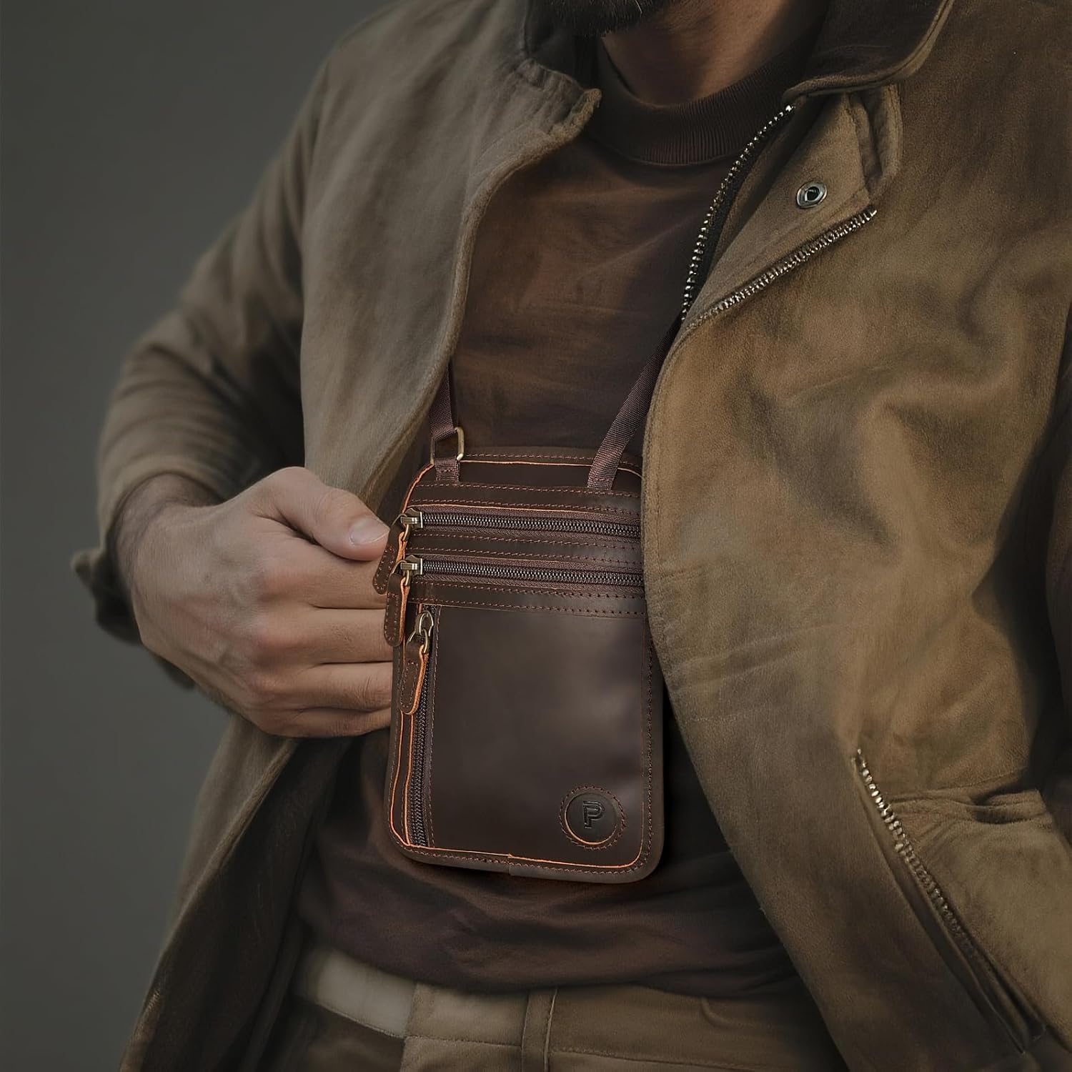 Polare Full Grain Leather Neck Wallet RFID Blocking Conceal Passport Holder Travel Pouch with AirTag Slot for Men - Image 7