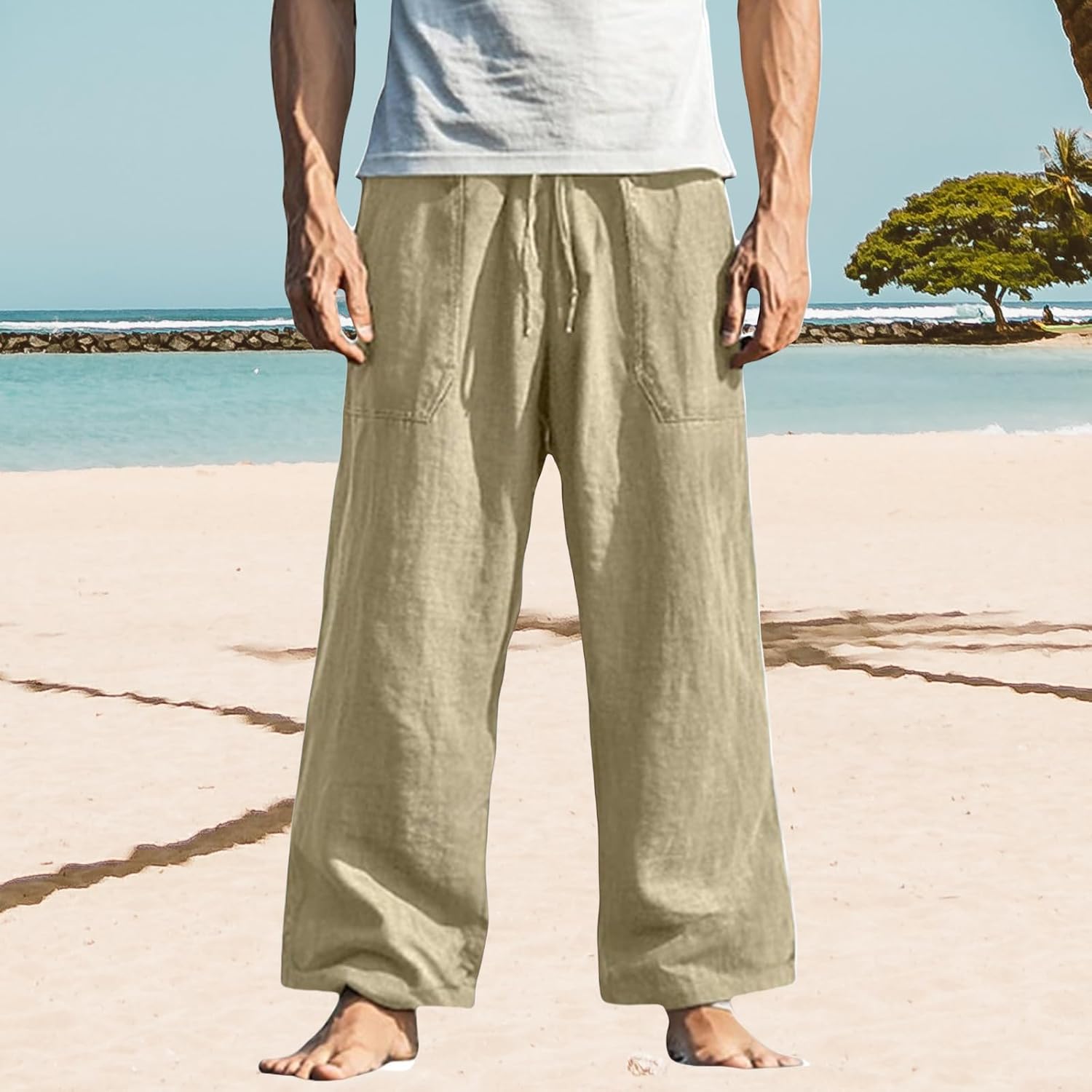 Mens Yoga Beach Pants Loose Fit Elastic Waist Straight Leg Pant Fashion Lightweight Casual Baggy Trouser with Pockets