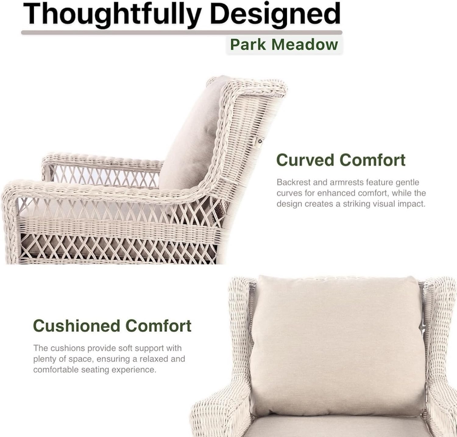 4-Piece Wicker Patio Conversation Set - Hand-Woven HDPE Rattan Swivel Rocker Outdoor Chair with Loveseat & Coffee Table, All-Weather Outdoor Furniture Set for Backyard, Porch, Deck (Beige/Off-White)