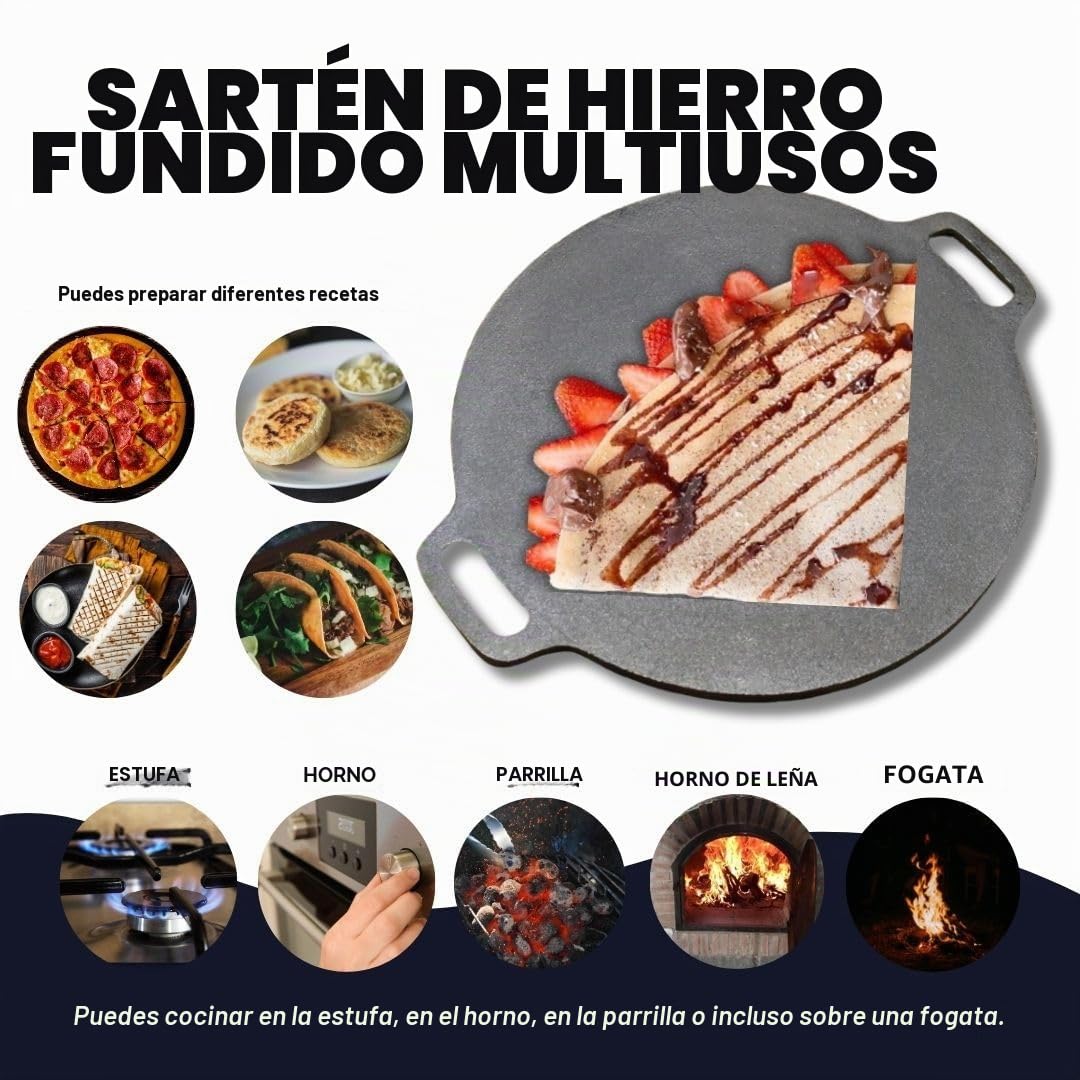 Sartén de Hierro Fundido de 12 Pulgadas, Antiadherente, Negra, Tamaño Grande, Apto para Horno, Sin Pegar, Comal para Tortillas, Sartén para Crepes, Dosa, Pizza, Arepas, Tortillas, Salteado