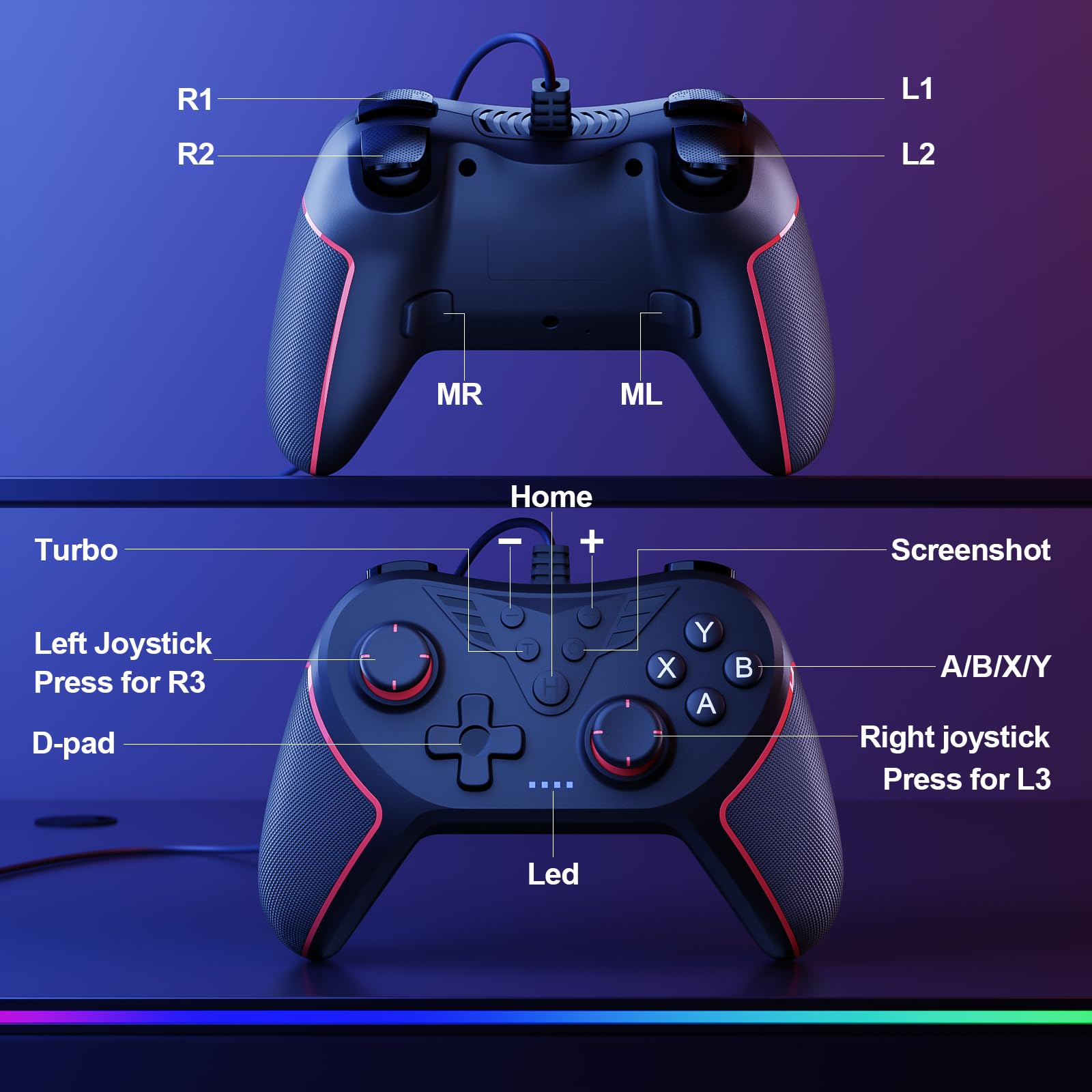 RivalPlay Controller PC con 2 Pulsanti di Mappatura, Cablato Gamepad Joystick Compatibile per Win (7/8/8.1/10/11) con Vibrazione Regolabile, Plug And Play