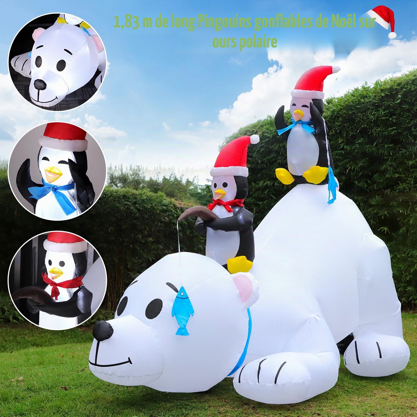Aimosen 1.8 M Décoration Noël Gonflable, Ours Polaire Pingouins Gonflable LED Décoration de Noël, 6 FT Gonflable de Noël avec Lumières Intérieur/Extérieur, Décoration de Noël pour Jardin