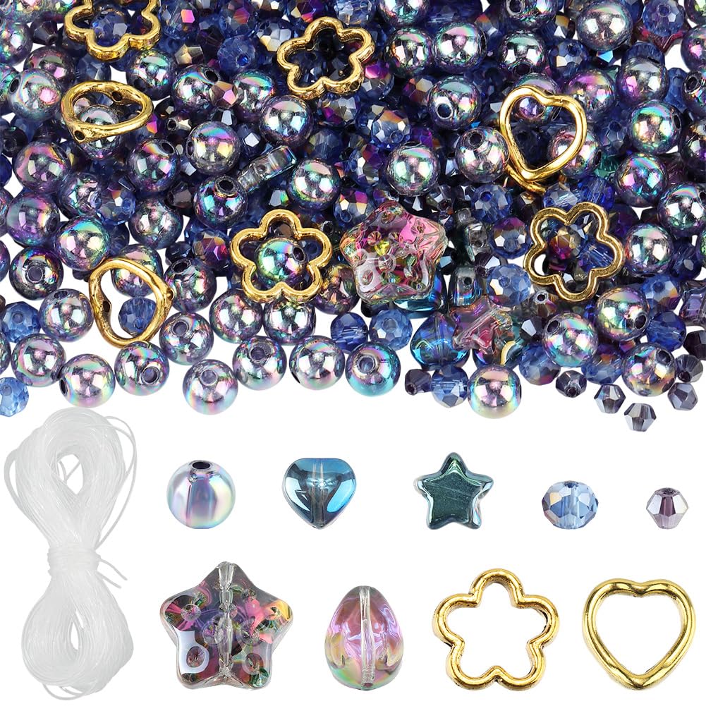 SOFPLATE 1 Box 484Pcs 9 Styles Assorted Glass Beads Bulk Purple Bracelet Making Kit Electroplate Transparent Star Crystal Loose Spacer Hollow Heart Beads for Jewelry Making Earrings Necklace DIY Craft