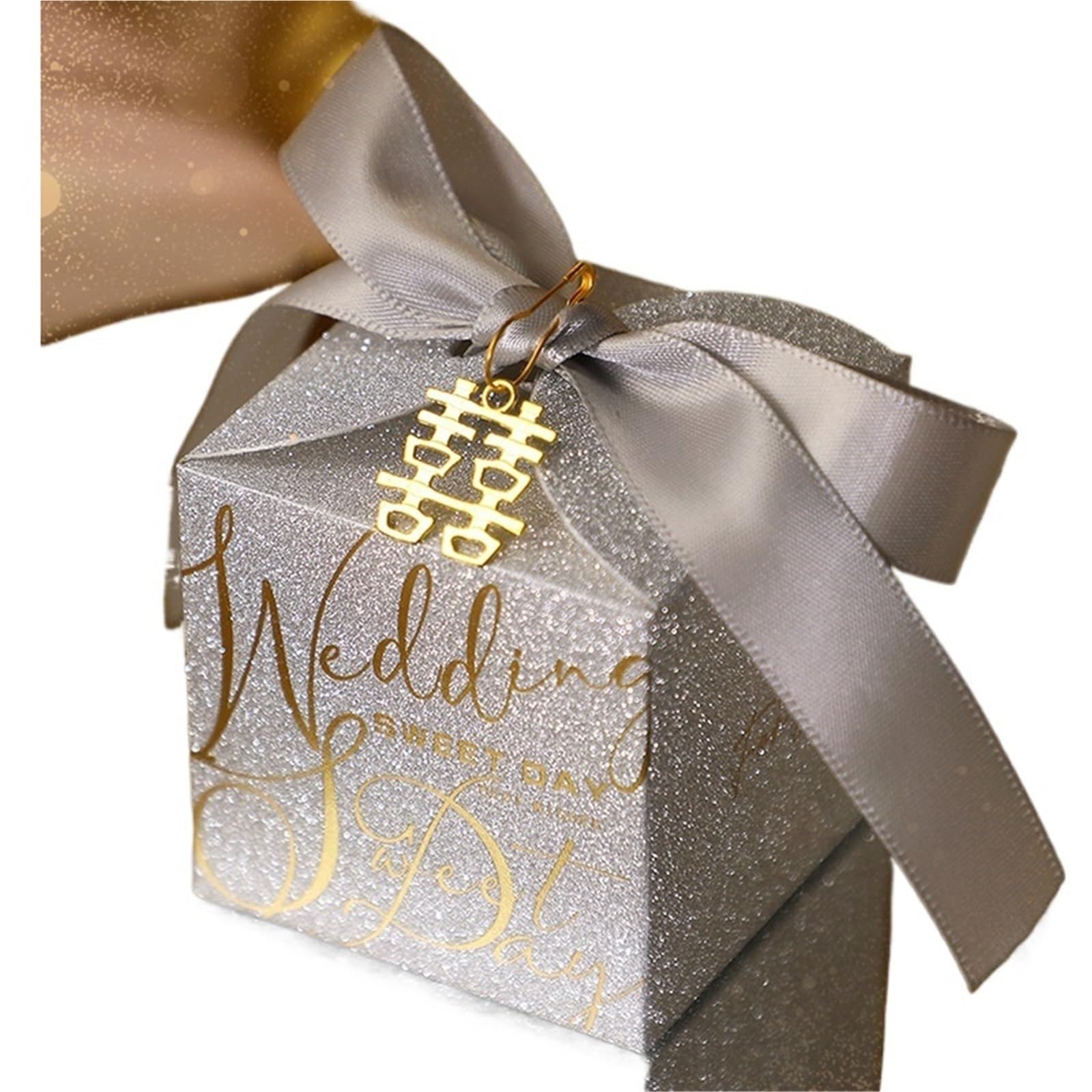 Boîte à bonbons de mariage pailletée F avec texte 50pcs