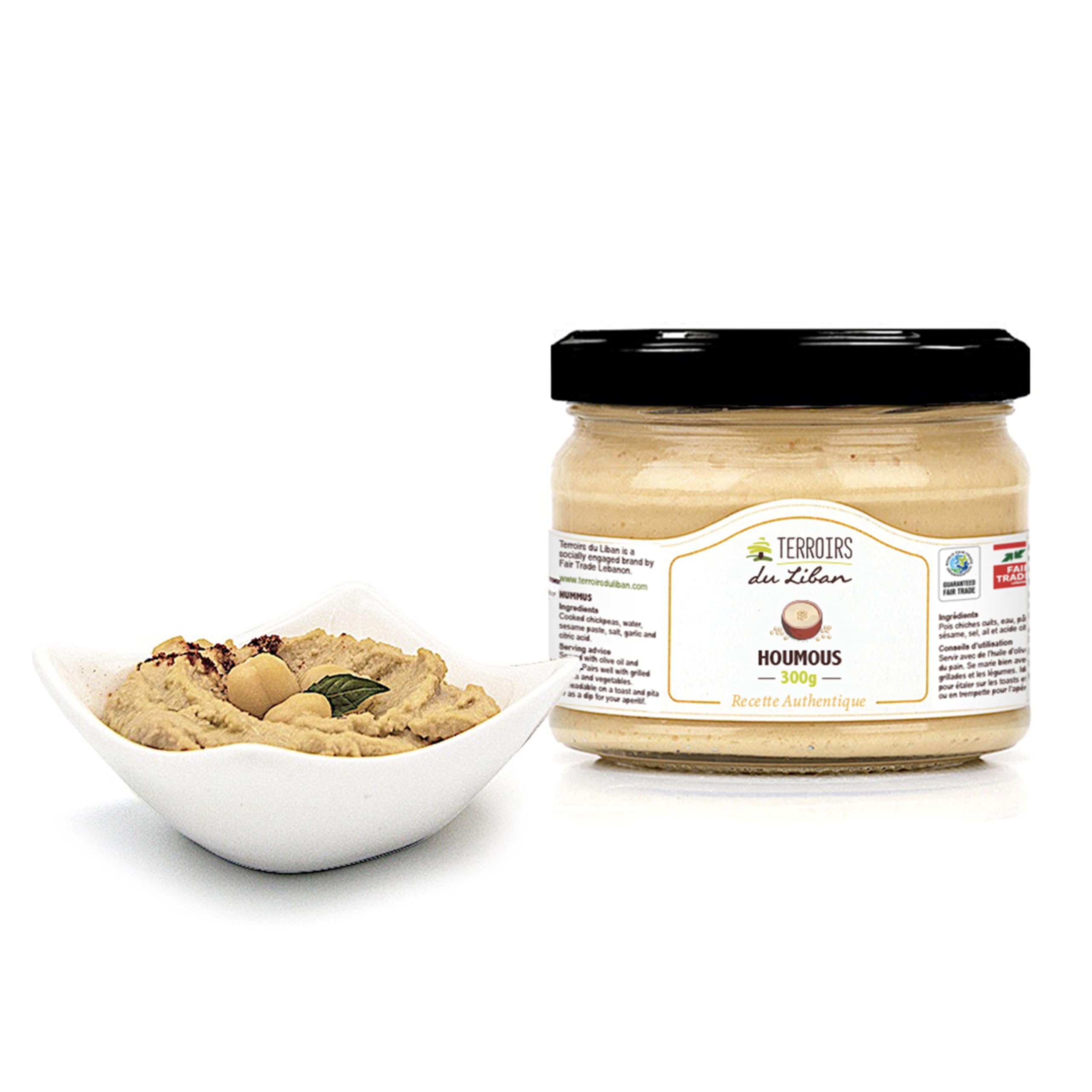 Houmous Libanais Authentique- Tartinade de Pois Chiches et Tahini- Vegan, Riche en Protéines & Fibres- Idéal pour Mezzés, Toasts et Grillades- Certifié Commerce Equitable- 3 x 300g- Terroirs du Liban