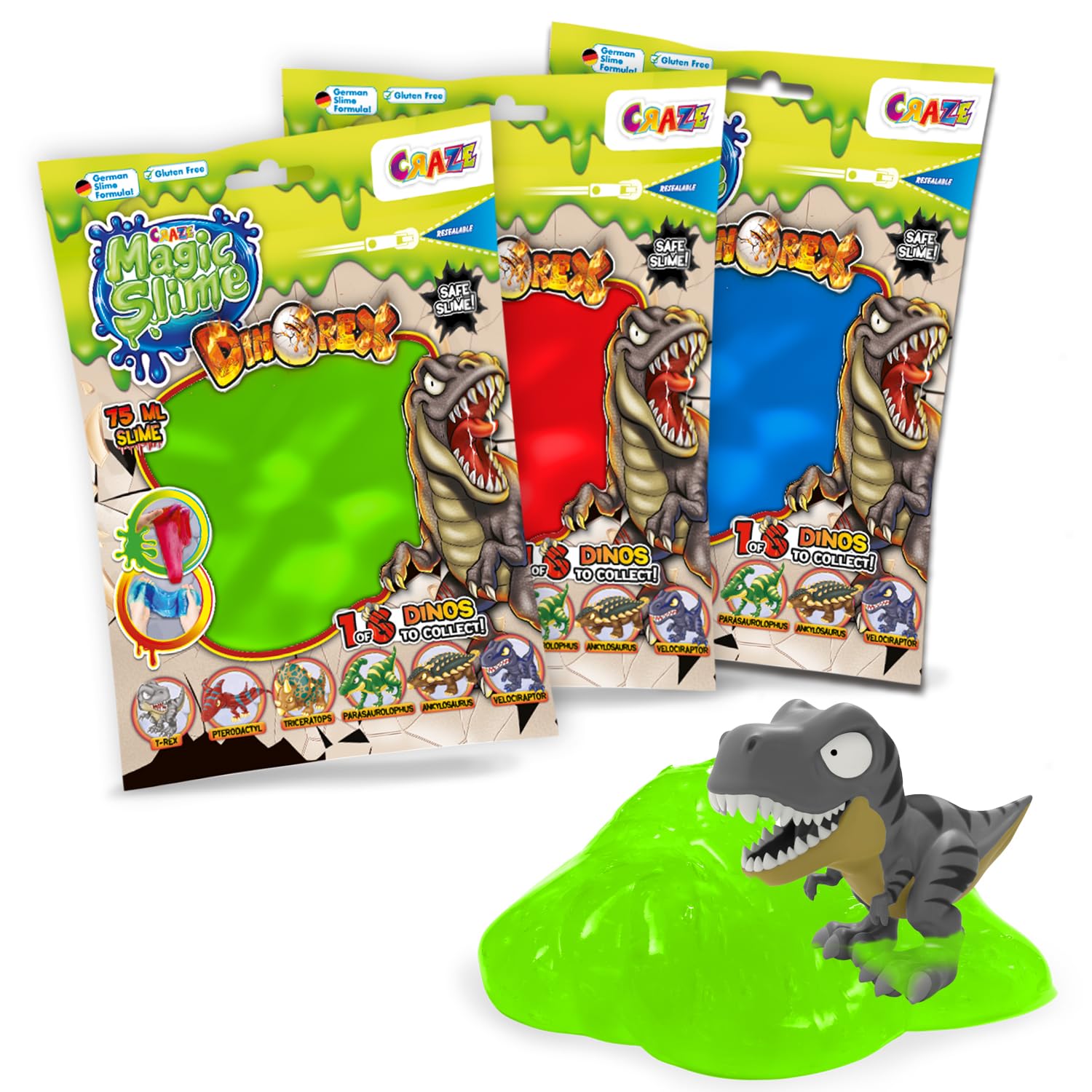 CRAZE Magic Slime Dinorex Slime for Kids 6 x 75ml Bags – Kids Slime, 1 Dinosaur Toy – 6 Random Colours - Fun Gifts and Party Favours for Boys & Girls Ages 3+