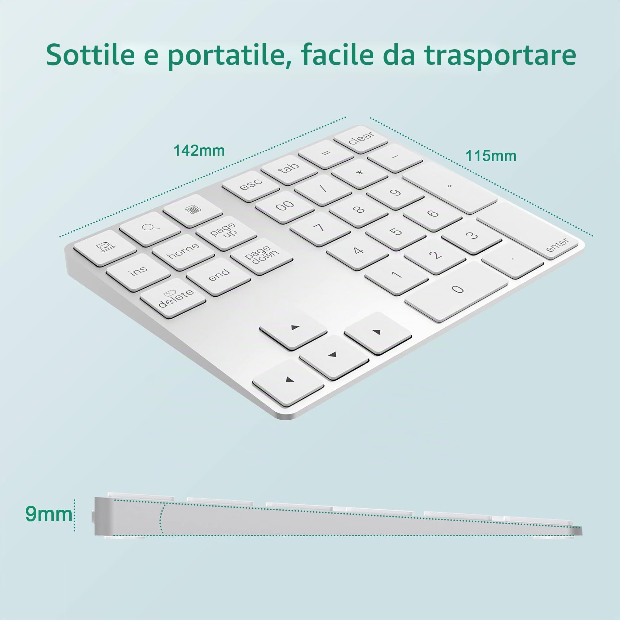 Tastierino Numerico Bluetooth in Alluminio, 34 Tasti Esterni, Tastiera Scorciatoia per iMac, iOS Air, PRO e Mac Mini, D'argento