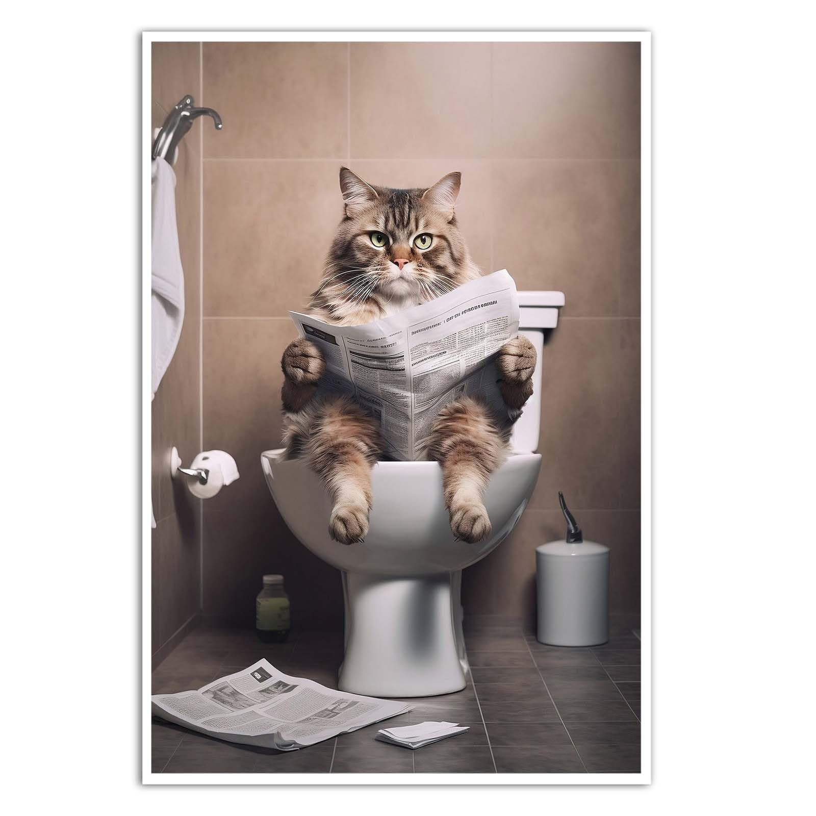Longhair cat sitting on toilet reading newspaper canvas wall art funny animal cute picture abstract poster print playful quirky whimsical pet toilet bathroom room decor