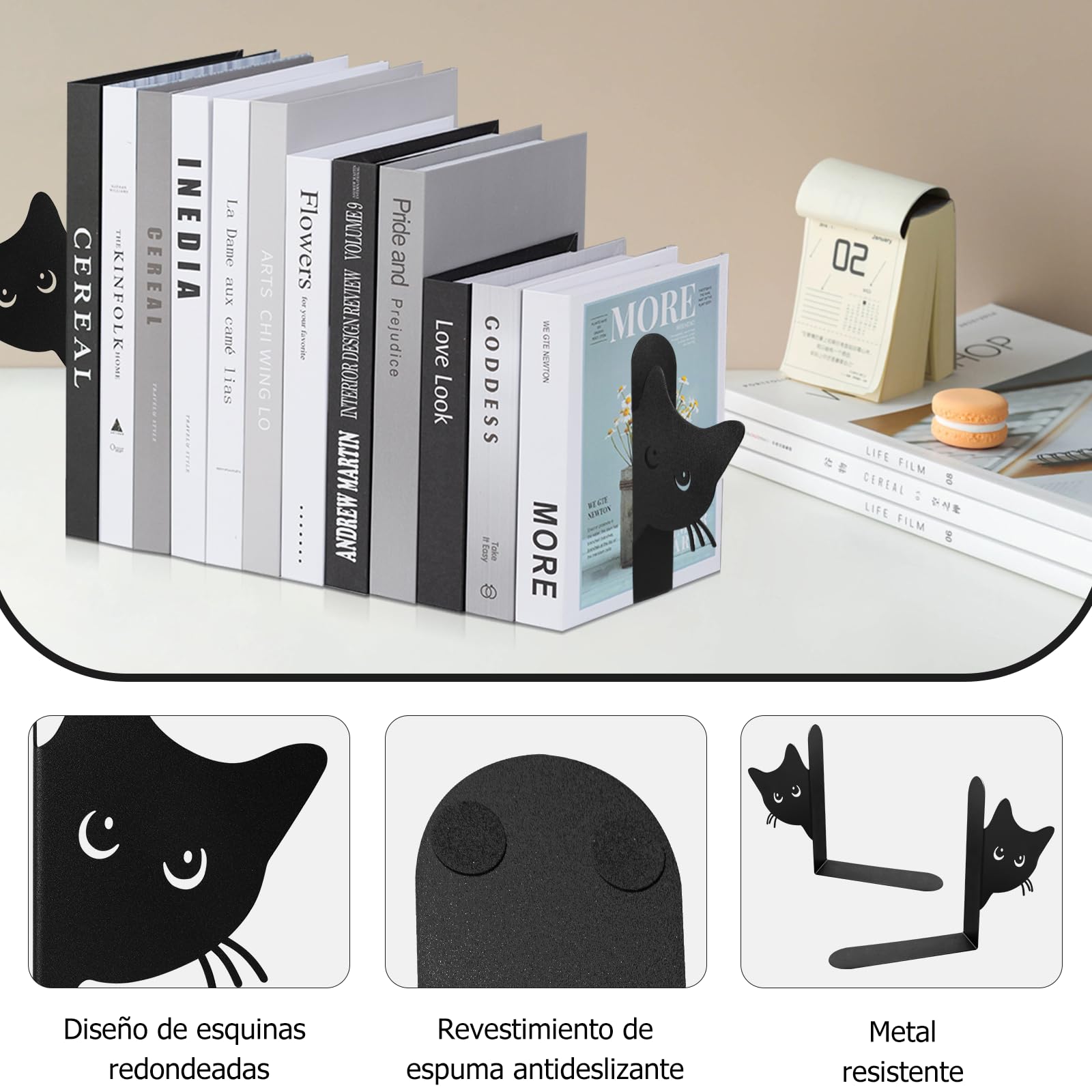 Sujetalibros de Metal, Pack de 2 Sujetalibros Gato Decorativos, Soportes para Libros Estantes, Oficina, Hogar, Negro