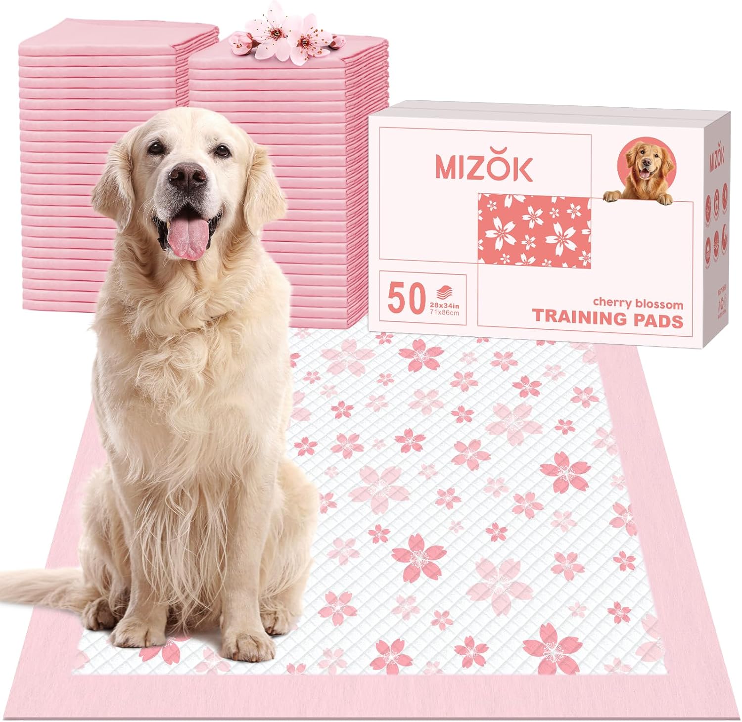 MIZOK Dog Pee Pads Extra Large 28"x34", Potty Pads for Big Dog Breeds, Super Absorbent & Leak-Proof, Pink Cherry Blossom Prints, Thick & Heavy, 4-Corner Adhesive Tabs, XL (50 Counts)