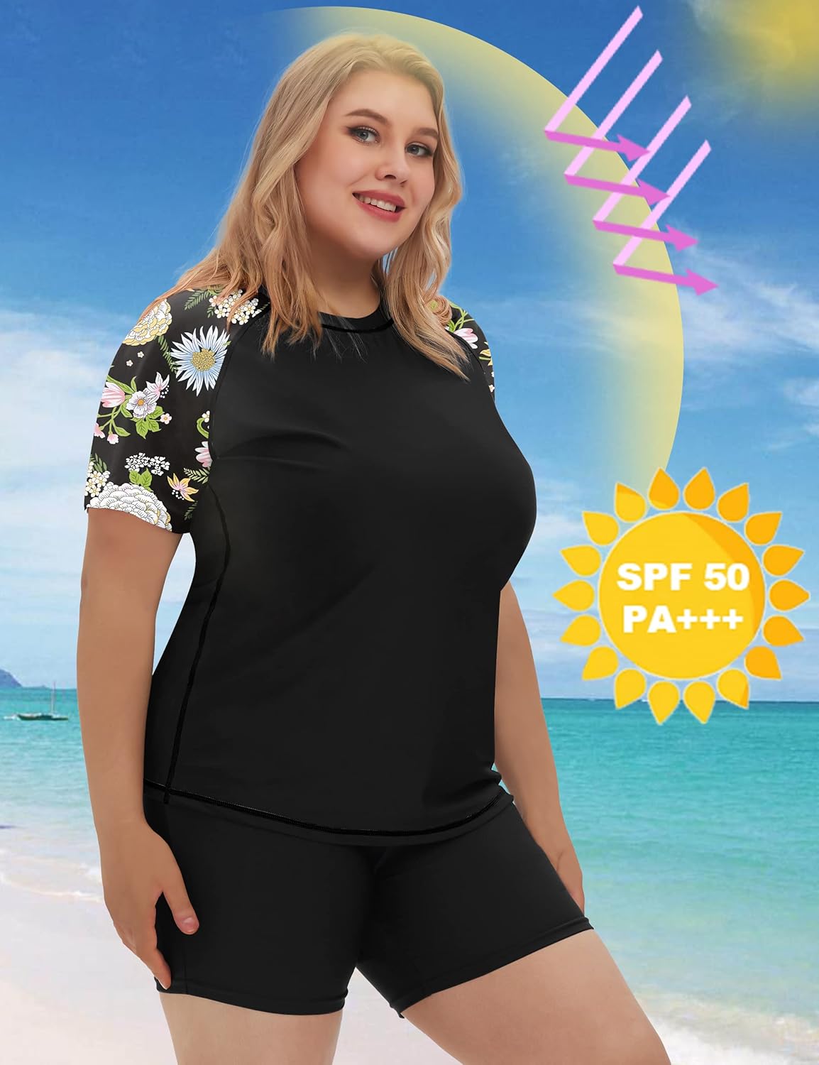 COOTRY Womens 2 Piece Plus Size Rash Guard Swimwear Short Sleeve Swimsuits Bathing Suit Swim Shirt and Shorts UPF 50+ - Image 2