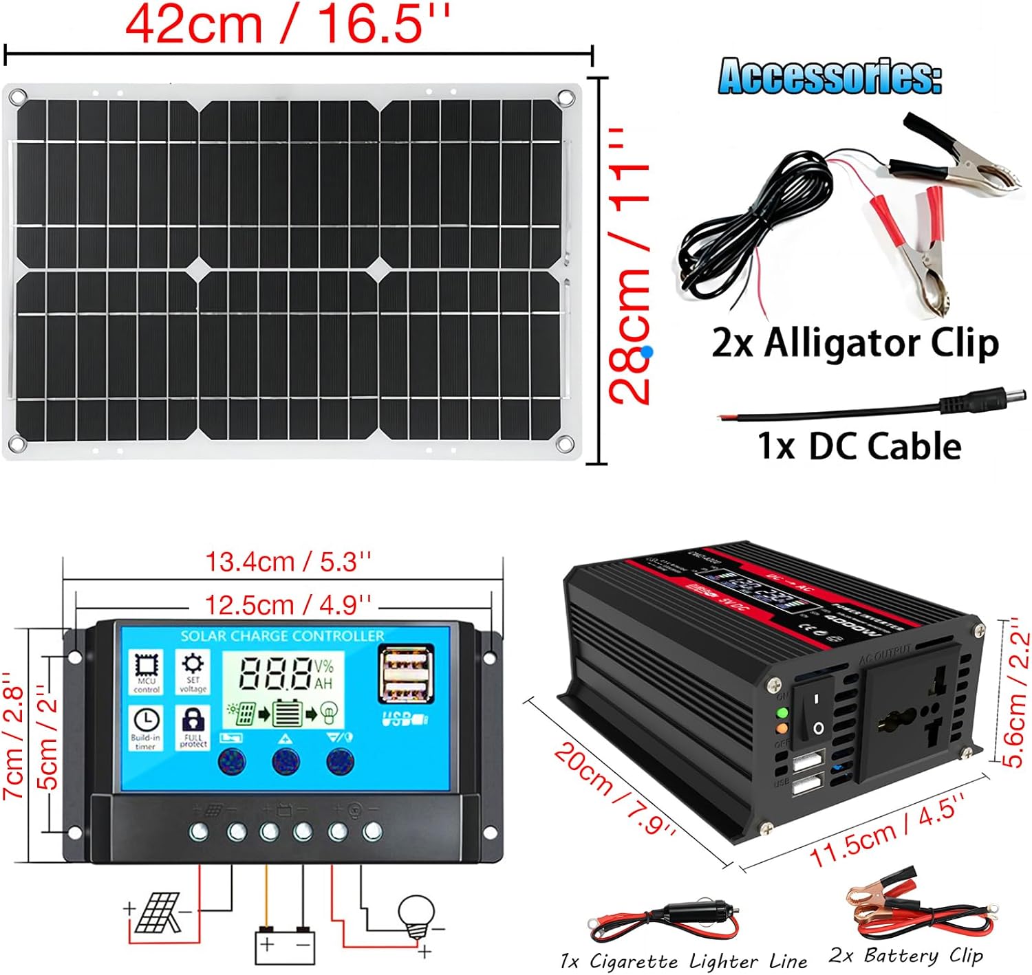 Complete Off-Grid Solar System: 18W 12V Solar Panel & 4000W Inverter with 30A Controller for RV and Camping(Black)