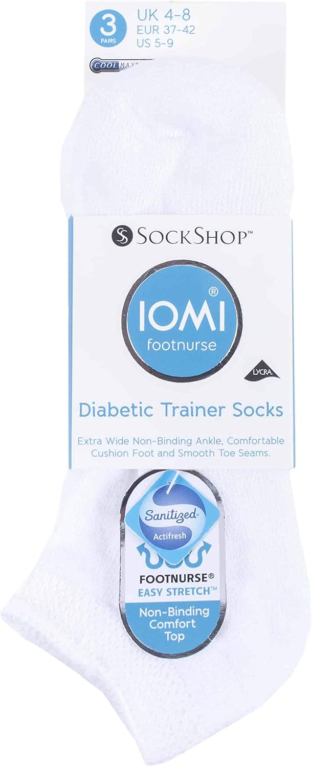 IOMI - 3 Pack Extra Wide Non Binding Padded Cotton Low Trainer Diabetic Socks