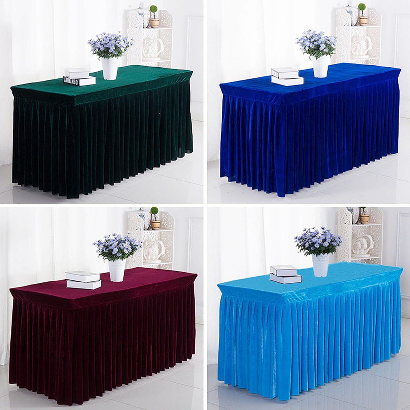 Odot Falda de Mesa de Elastano Rectangular Mantel Elástico con Faldón, Terciopelo Dorado Reutilizable Falda de Mesa para Banquetes, Boda, Bautizos de bebés (180 * 60 * 75cm,Verde Oscuro)