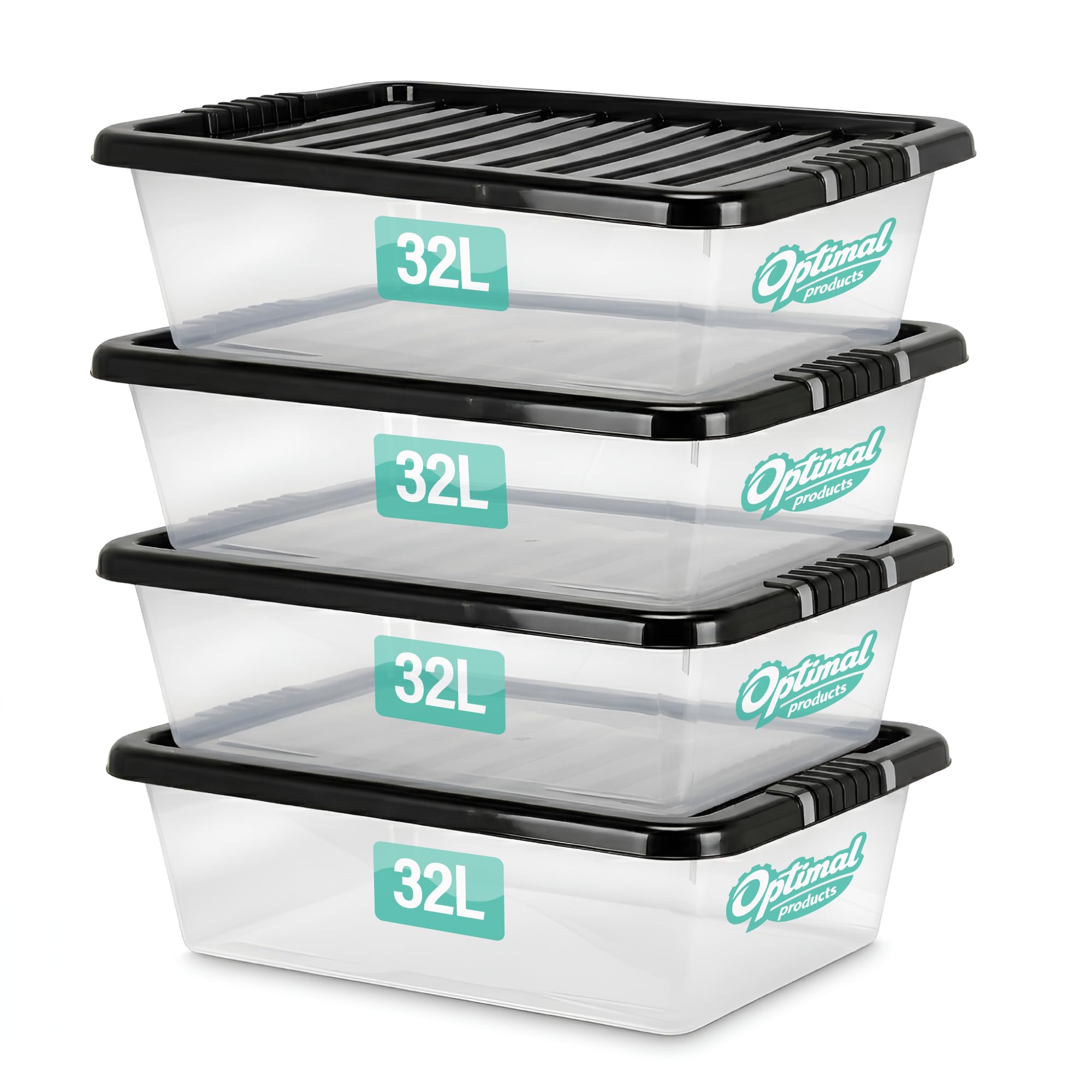 Optimal Products Clear 4 X 32 Litre Underbed Plastic Storage Boxes With Lids Set Of 4, Multipurpose Nestable Stackable Plastic Storage Box 32L Containers Boxes For Home, Kitchen, Office, Garage, Accessories