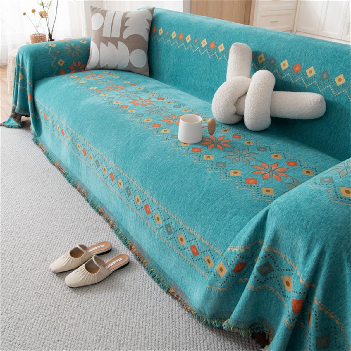 YJSZY Sofa Throws Large,Bohemian Extra Large Throws For Settees,Boho Chenille Versatile Soft Throw Blanket With Tassels For Bed Armchair Chair Slipcover 1 2 3 4 Seater,Couch Cover (Green,180x300cm)