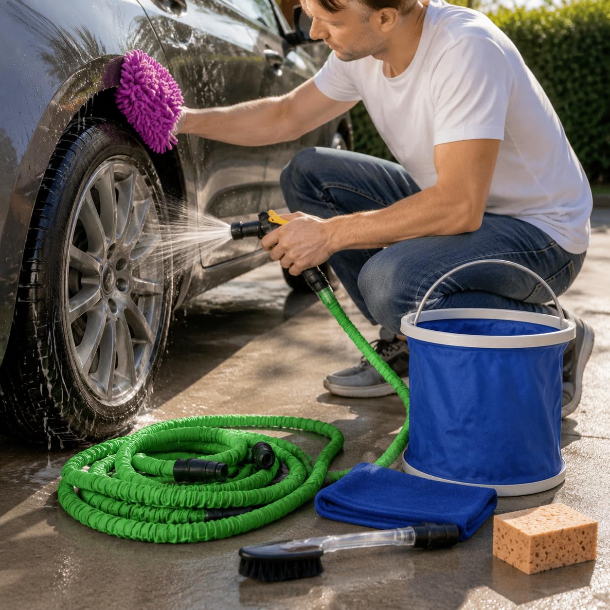 Kit di pulizia veicoli completo 8 pezzi con tubo espandibile e secchio pieghevole per lavaggio auto, per veicoli - per la casa