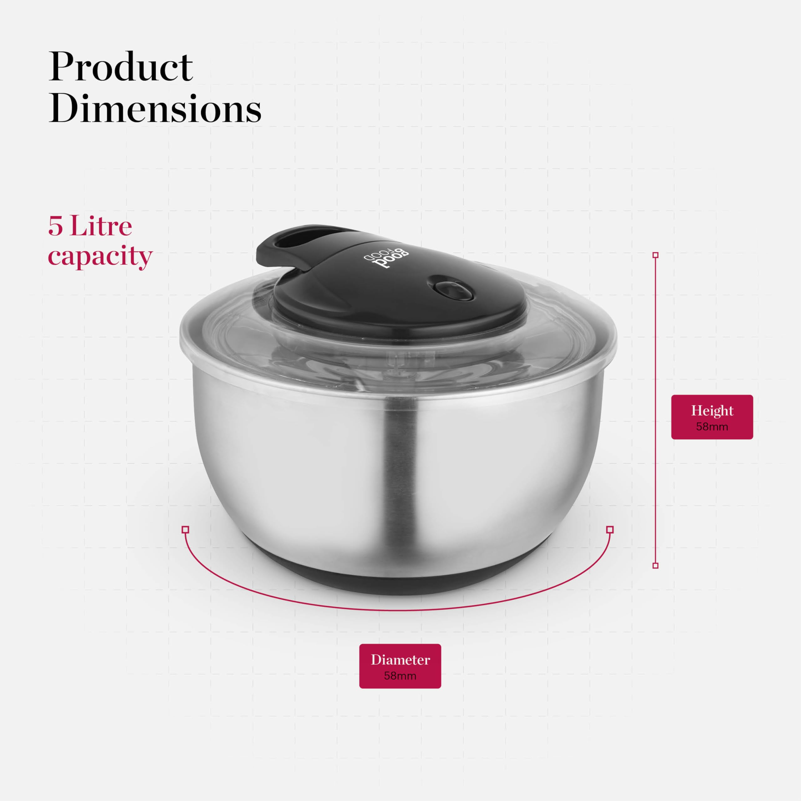 GF847071 Good Food in collaborazione con Tower Centrifuga per insalata con cestello rimovibile, cordino facile da tirare, pulsante di arresto e base antiscivolo, 5 litri, acciaio inossidabile, argento