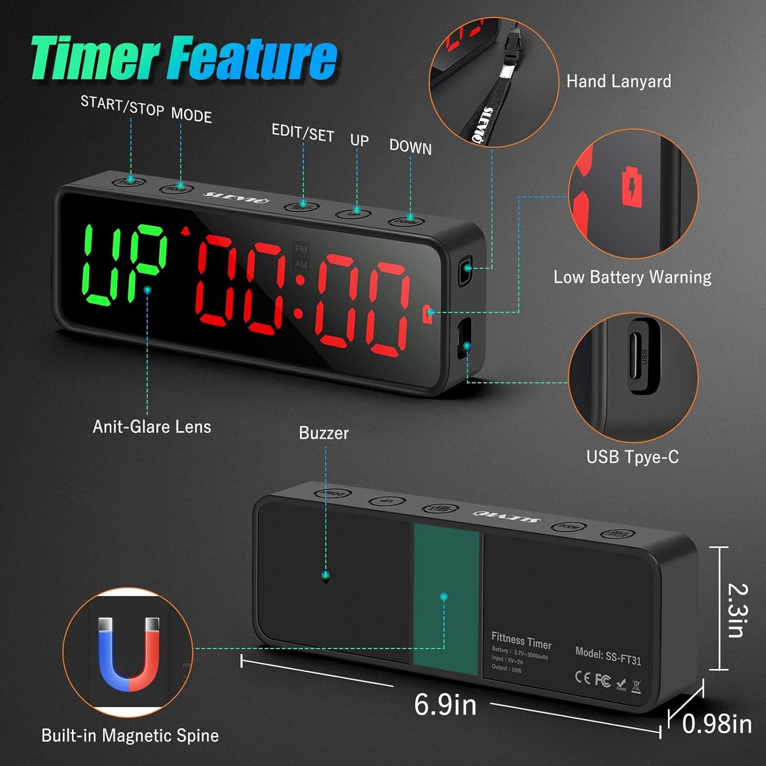 Small Gym Timer Clock Stopwatch Magnetic Workout Interval Timer, Large LED Digital Display, Home Accessories Countdown Clock for Home Gym Garage Schools