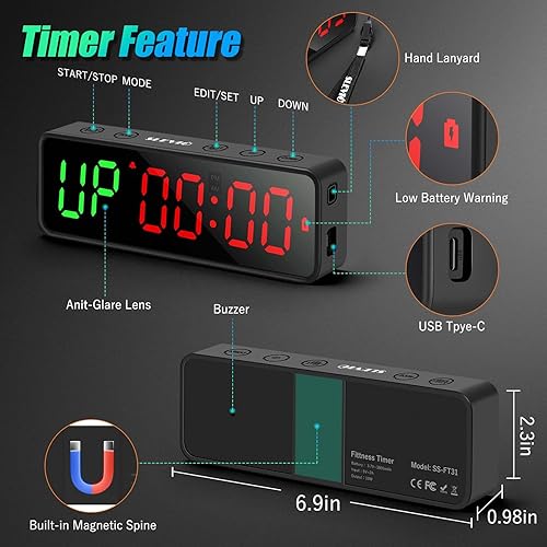 Miniatura 3 de Reloj con temporizador de gimnasio pequeño, cronómetro magnético con temporizador de intervalos de entrenamiento, pantalla digital LED grande,