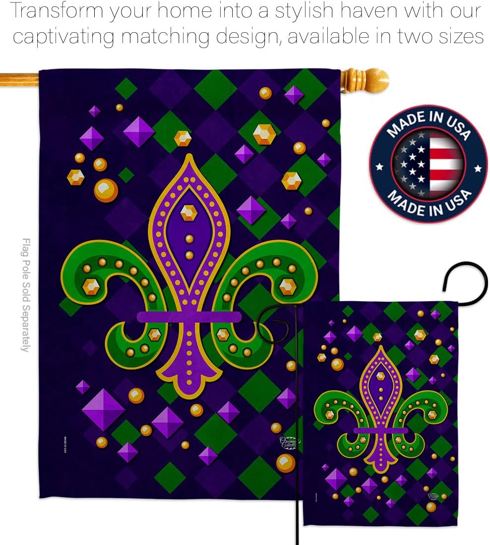Diamond Fleur de Lis House Flag - Springtime Mardi Gras Carnival Festival Masquerade Celebration Season Holiday French - Decoration Banner Small Garden Yard Gift Double-Sided Made In USA 28 X 40