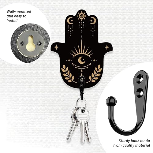 Miniatura 2 de AHANDMAKER Juego de 2 soportes para llaves de mano Hamsa, ganchos de pared con texto de adivinación para decoración de llaves de pared, colgador de