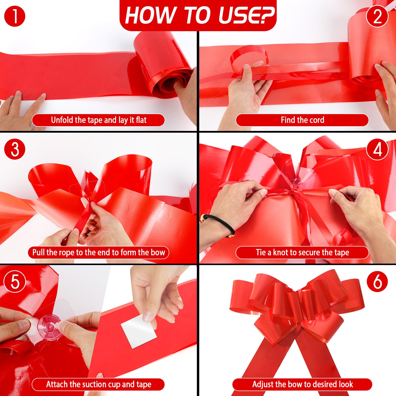 Lazo Grande para Regalo Coche 23 Inch Lazo Gigante Rojo para Decoracion Coche de Boda, Cumpleaños y Envoltorio de Regalo, Navidad y Fiesta, Nuevo Hogar + 2 Lazos de Cinta Dorado Pequeños y 2 Ventosas