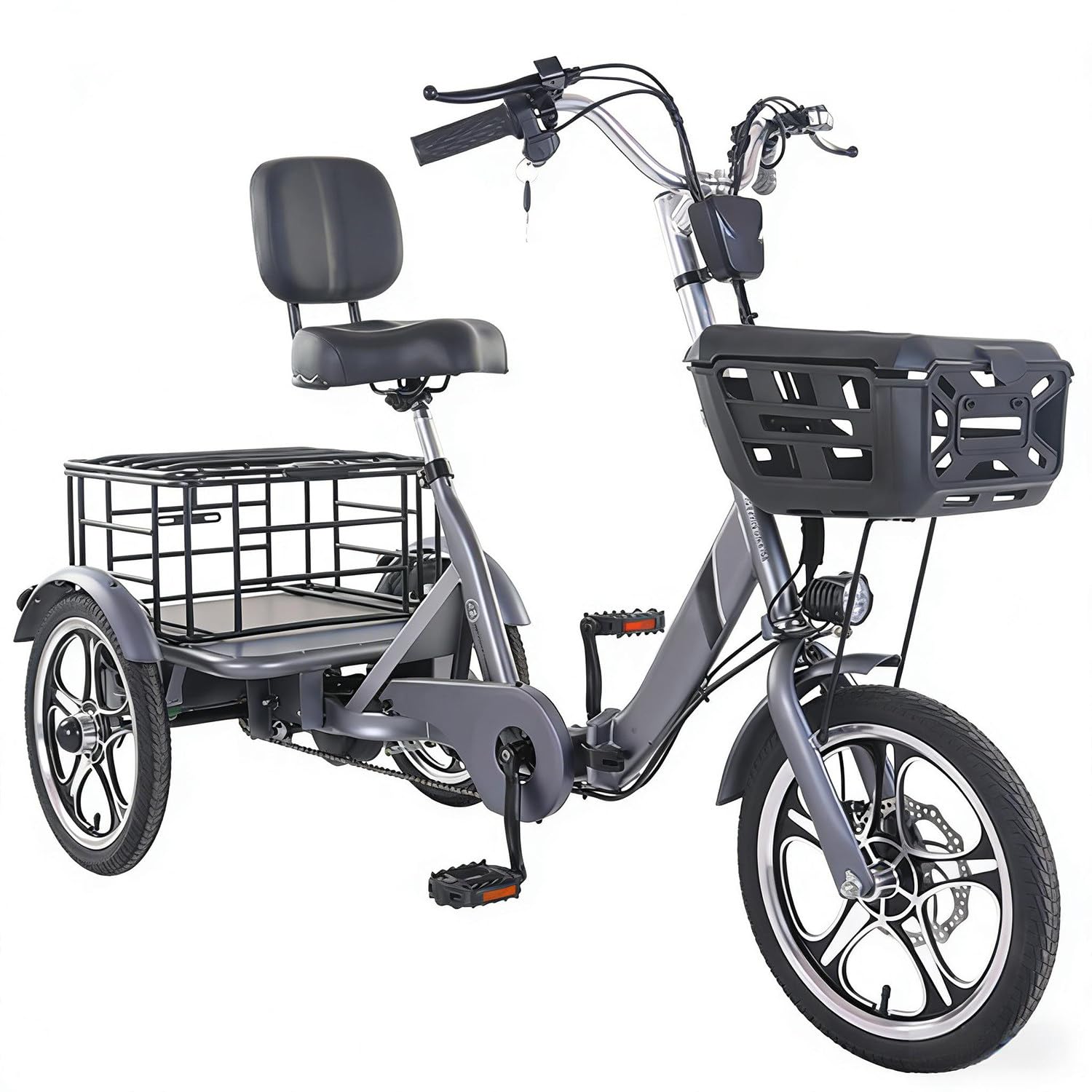 Nouveau Velo electrique adulte 3 roues tricycle electrique pliable, moteur 400W puissant, grand panier cargo, tricycle adulte pour shopping, ville, transport, vélo stable charge 200kg montée 30° Grey