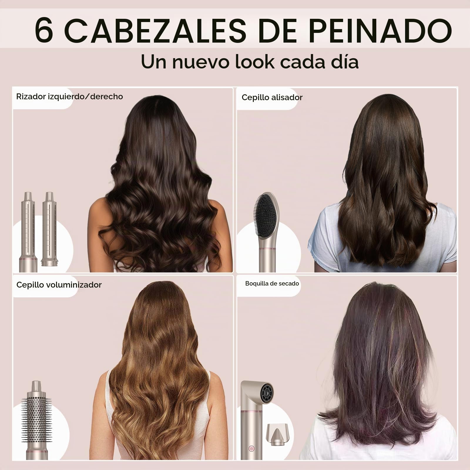 JINYAWA Cepillo Secador de Pelo 6 en 1 - Moldeador Pro con Tecnología Iónica/Temperatura Constante/Digital, 4 Niveles de Calor + Botón Frío, 110,000 RPM, Ergonómico y Liviano - Mango Extra Delgado