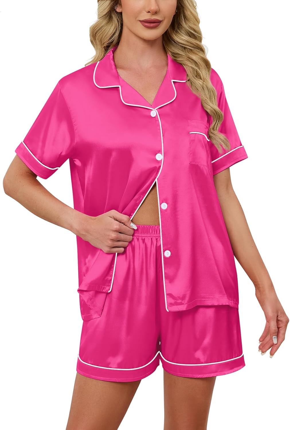 Schbbbta Women Pajamas Set, 2 Pieces Satin Silk Button Down Pjs Short Sleeve Outfits Loungewear