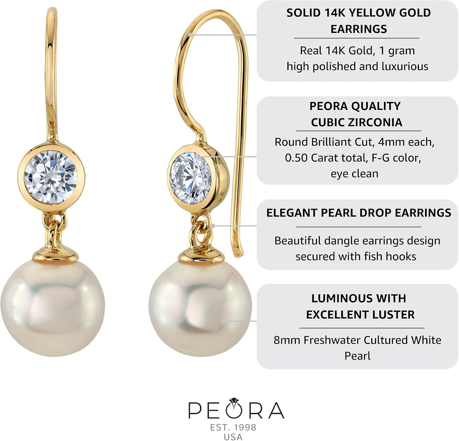 Peora 14K Yellow Gold 8mm Freshwater Cultured White Pearl and Cubic Zirconia Drop Earrings for Women, April Birthstone, Fish Hooks, Real 14K Gold Earrings, Dainty, Lightweight Earrings