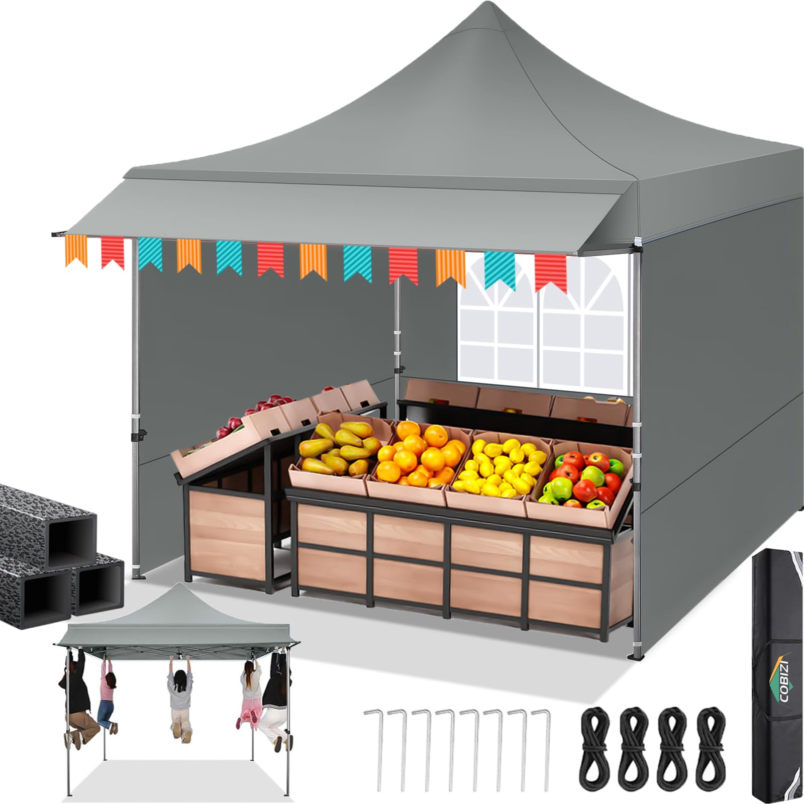 COBIZI Tente-baldaquin Pop-up de 3 x 3 m avec auvent et parois latérales, tentes commerciales de 3 x 3 m, imperméable instantanée, Pare-Soleil UPF 50+, pour extérieur, fêtes, marchés (Gris)