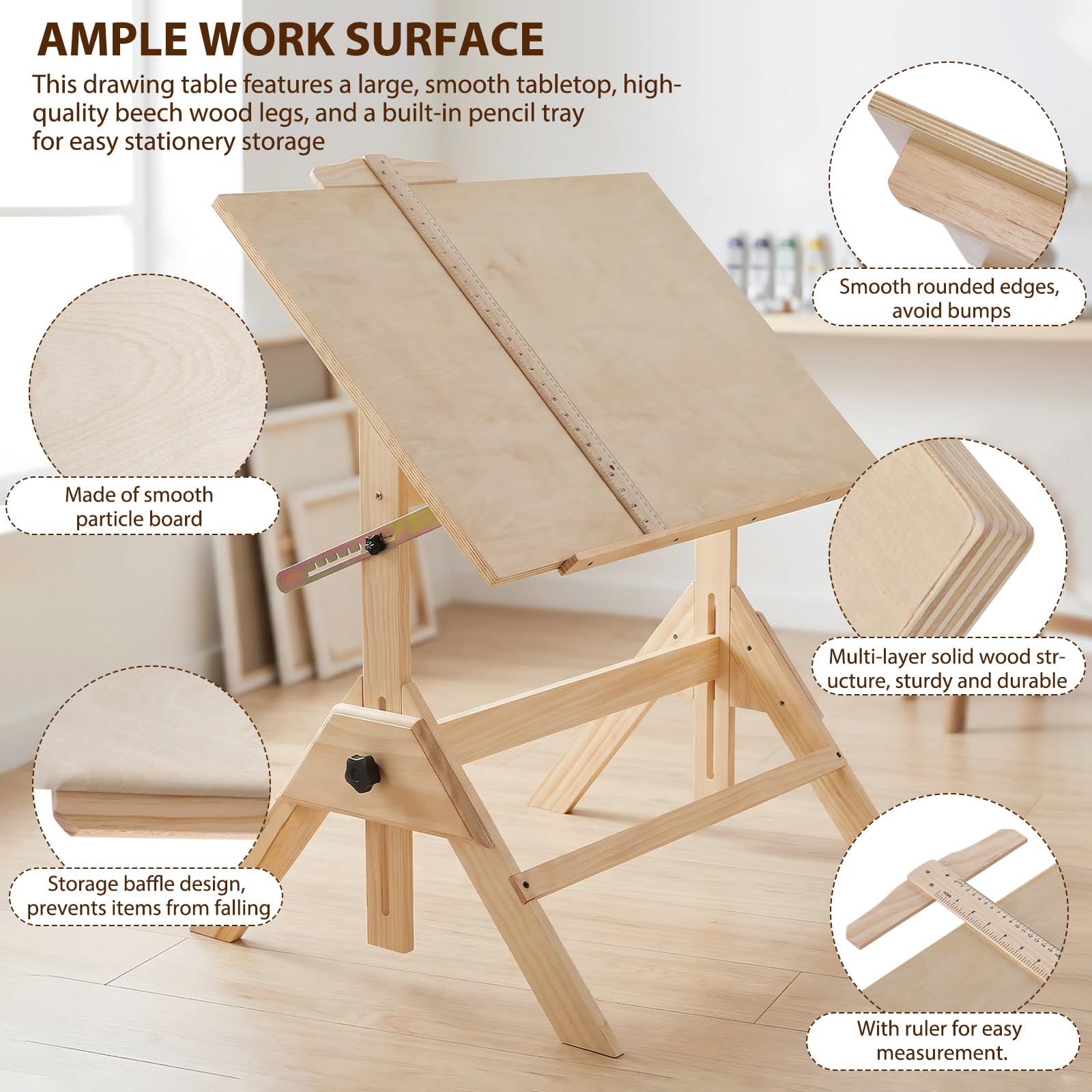 Tavolo da architetto inclinabile in legno, scrivania regolabile in altezza, tavolo da studio 60 x 90 cm per architetti e tecnici
