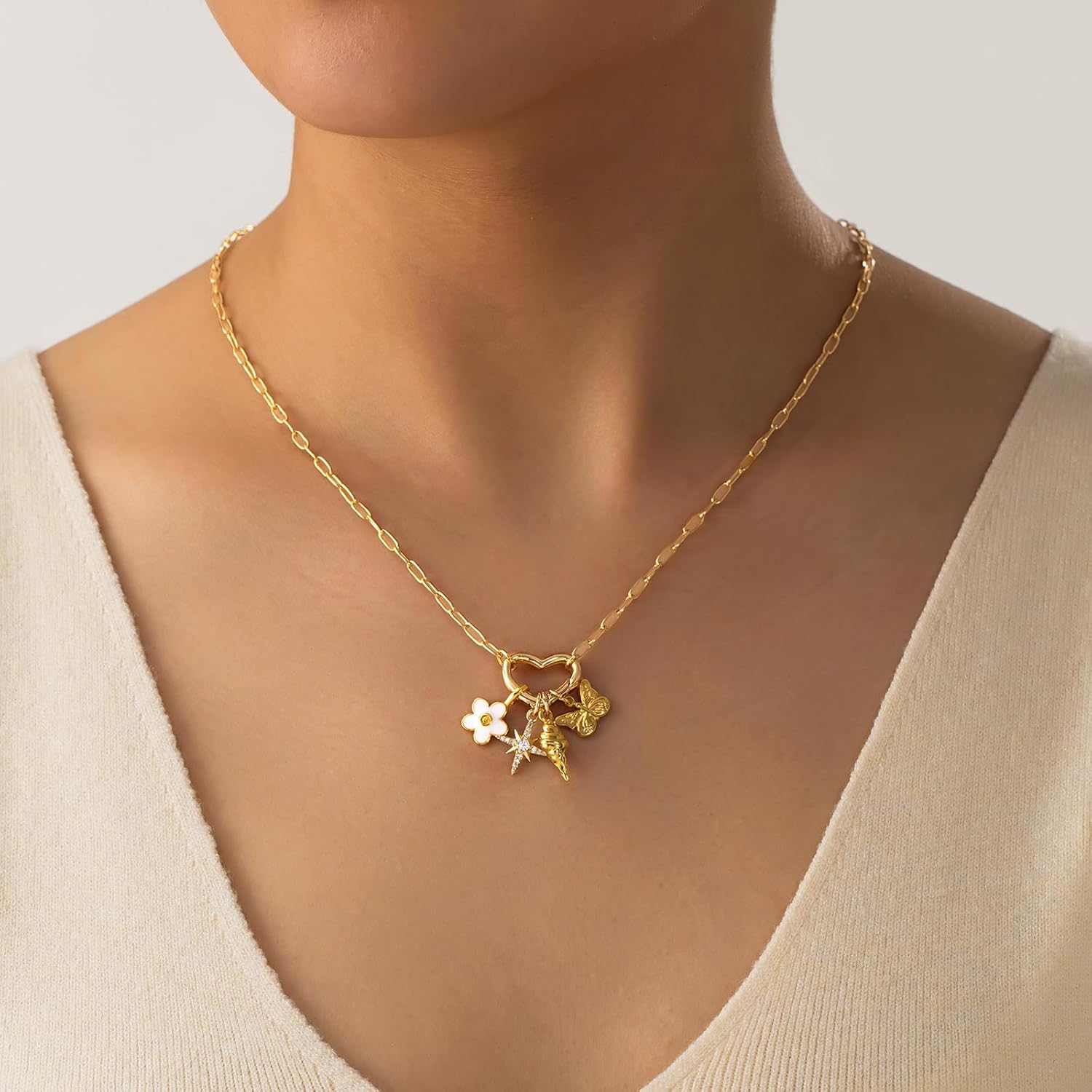 Charm Necklace for Women, 14K Gold Plated Chunky Charm Necklace Paperclip Chain Toggle Clasp Butterfly, Ice Cream, North Star, Flower Pendant Summer Jewelry for Women - Image 2