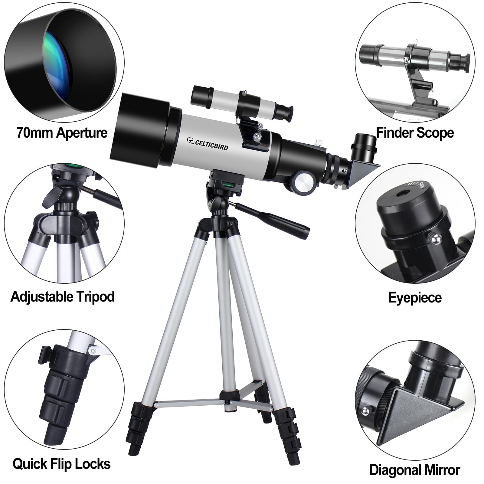 CelticBird Telescopio de 70 mm de Apertura de 400 mm – Telescopio de refracción astronómica para Adultos y Principiantes (70400 Gris)