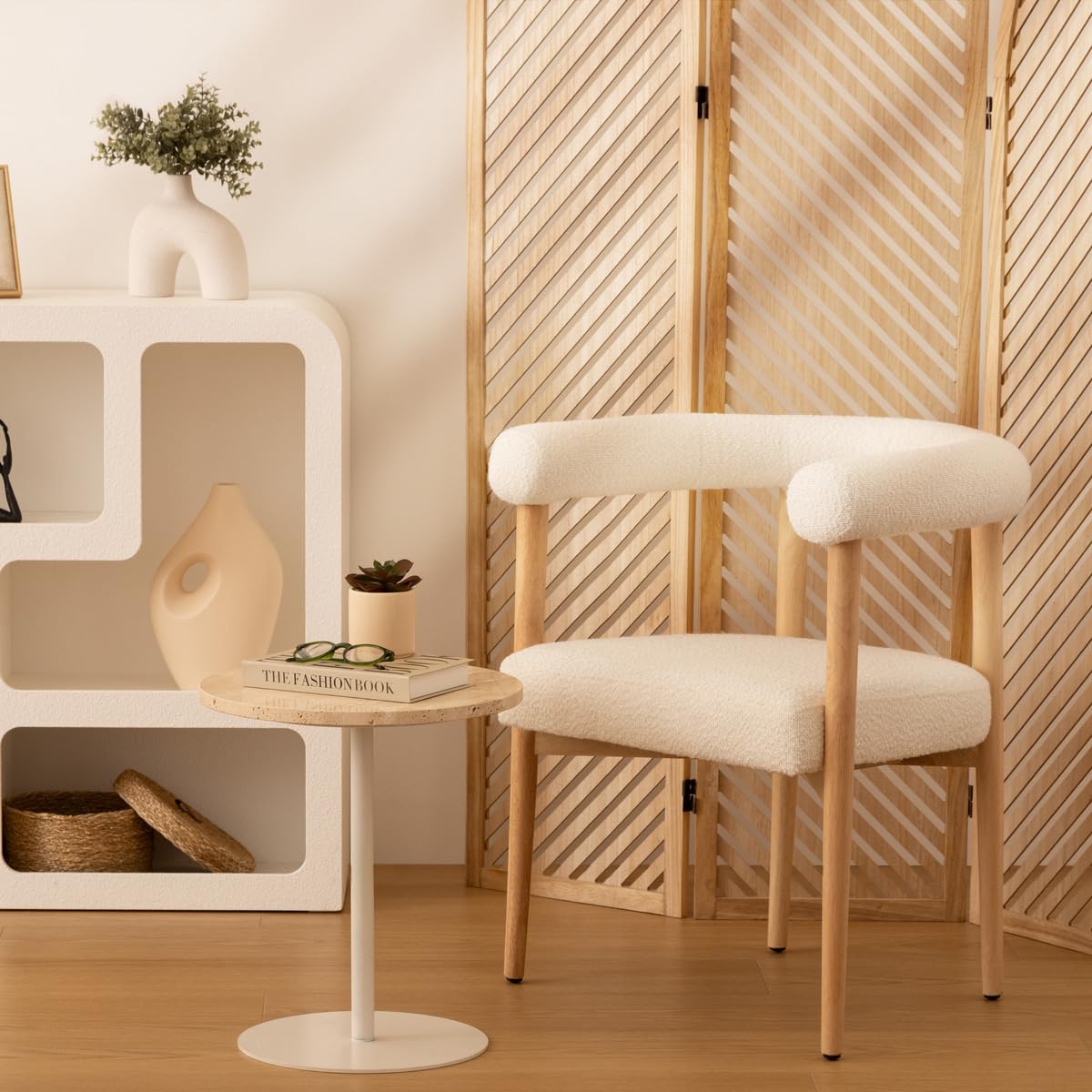 Table d'appoint en travertin Beige et Pied en métal Blanc D. 40 x H. 45 cm - Atmosphera