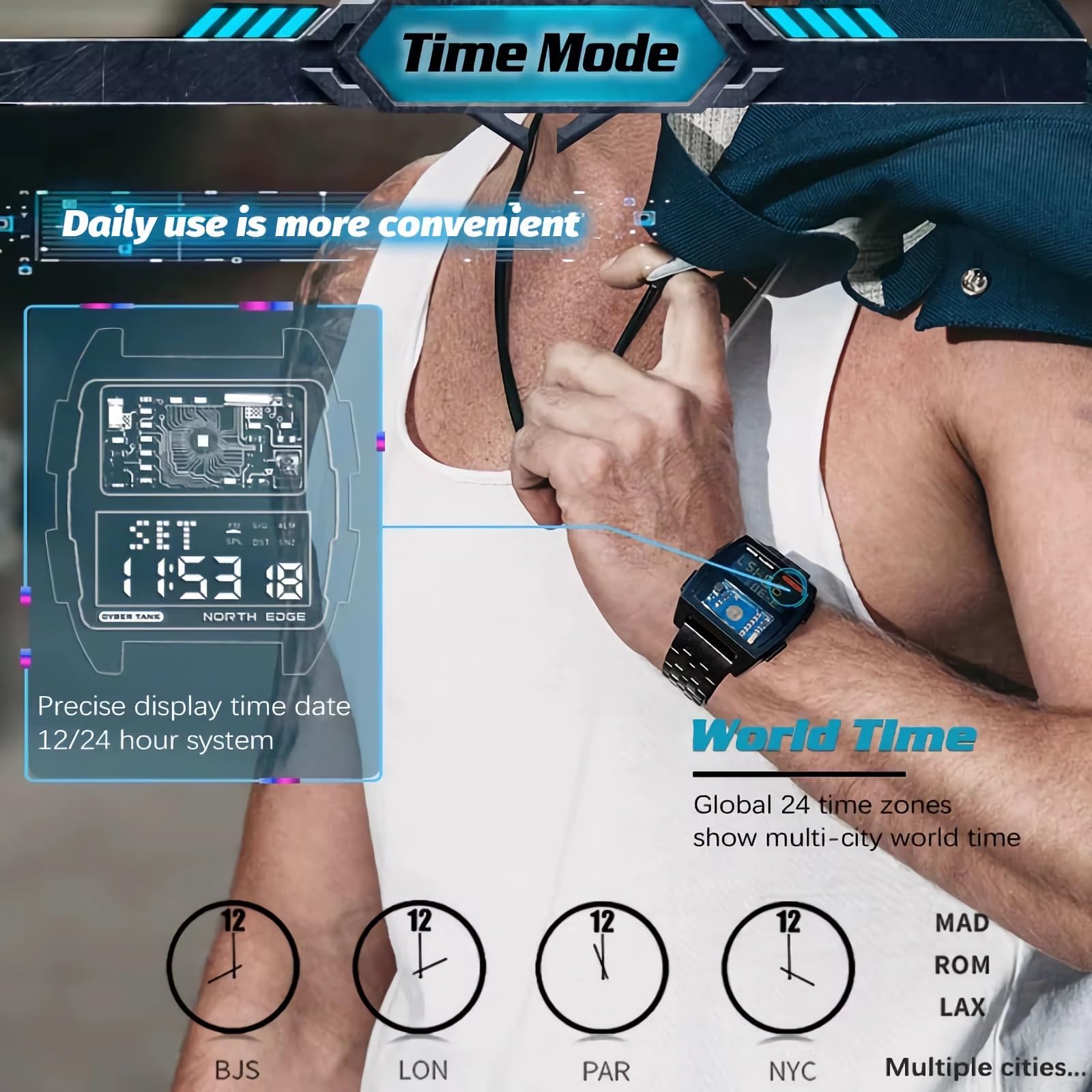 Męski zegarek cyfrowy retro industrialny metalowy styl wodoodporny 50 m zegarki sportowe dla mężczyzn czas na świecie Reloj de Hombre