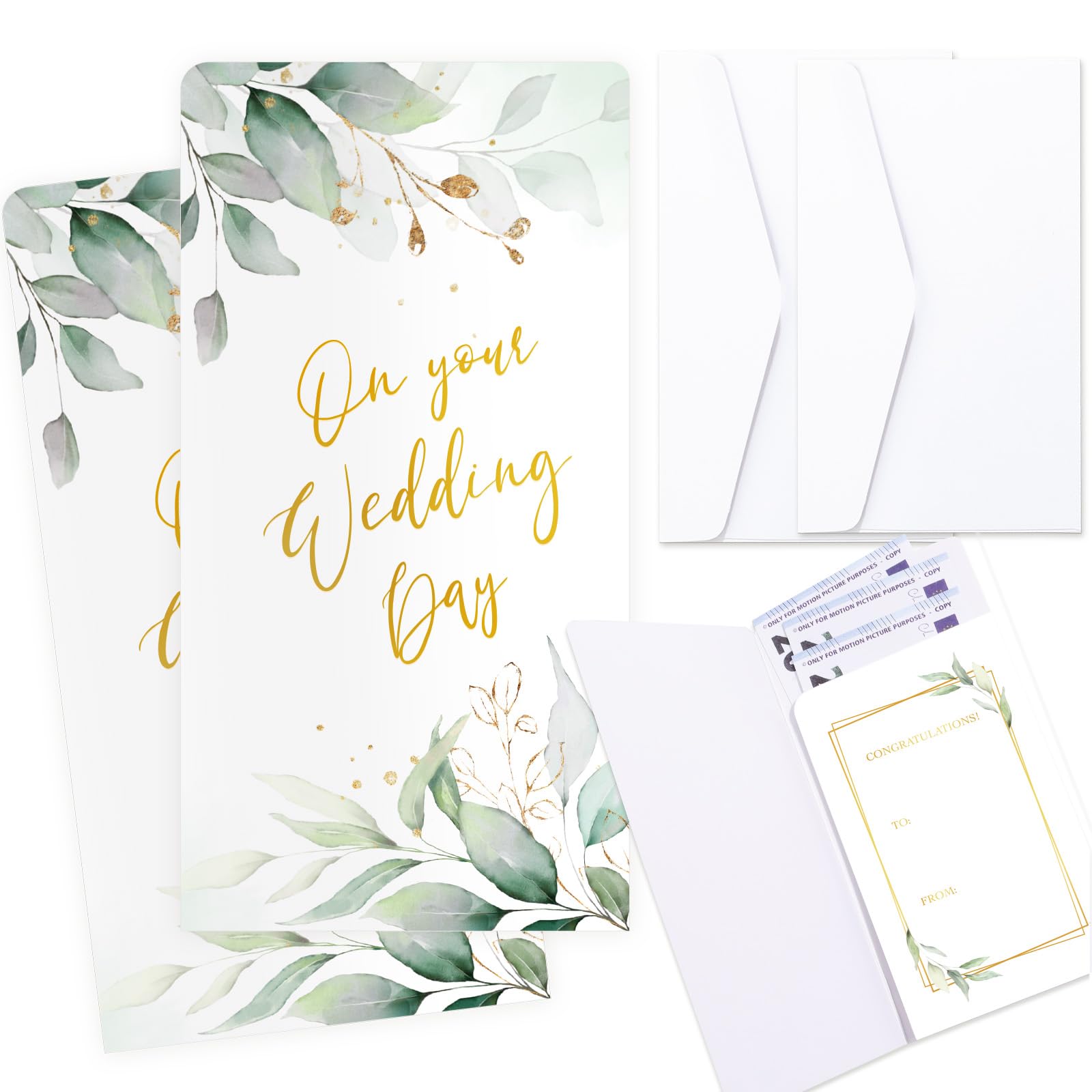 2 Pack Wedding Money Gift Wallets with Envelopes, Botanical Gold Foil Money Cards for Cash Gifts, On Your Wedding Day Voucher Holder for Bride & Groom